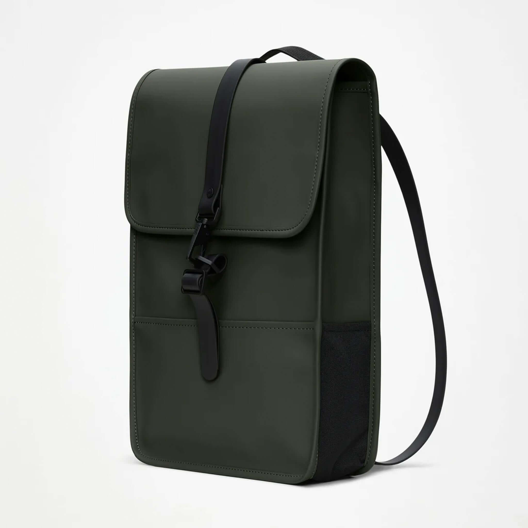 Rains Backpack Mini - Green, compact bag with flap closure and internal laptop pocket.