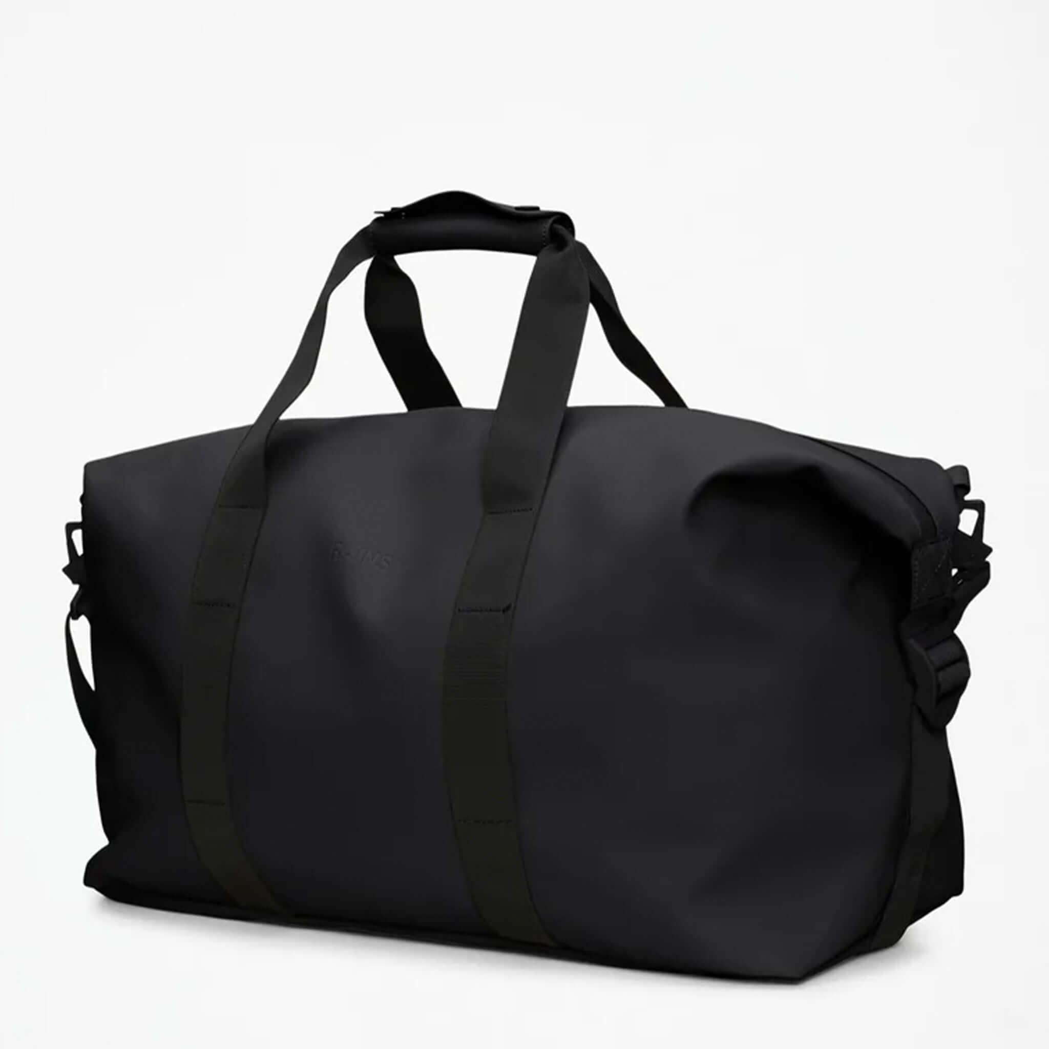 Rains Hilo Weekend Bag - Black designed with waterproof PU for stylish travel and gym use.