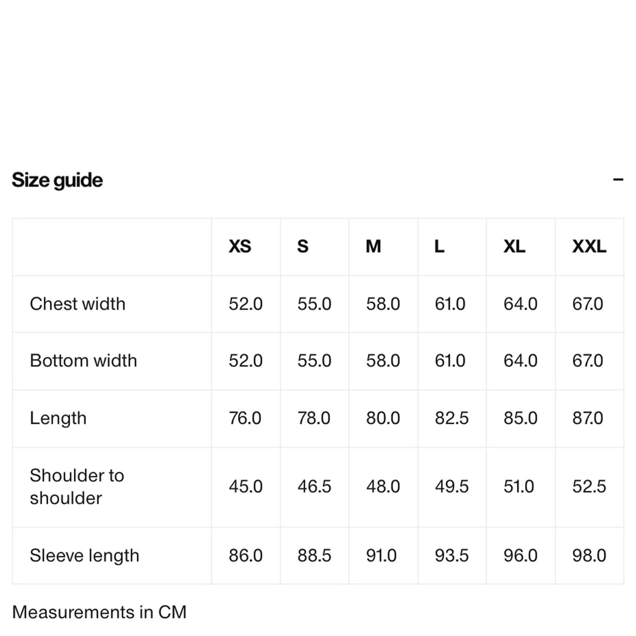 Size guide for Rains Long Jacket - Black with measurements in CM for various sizes.