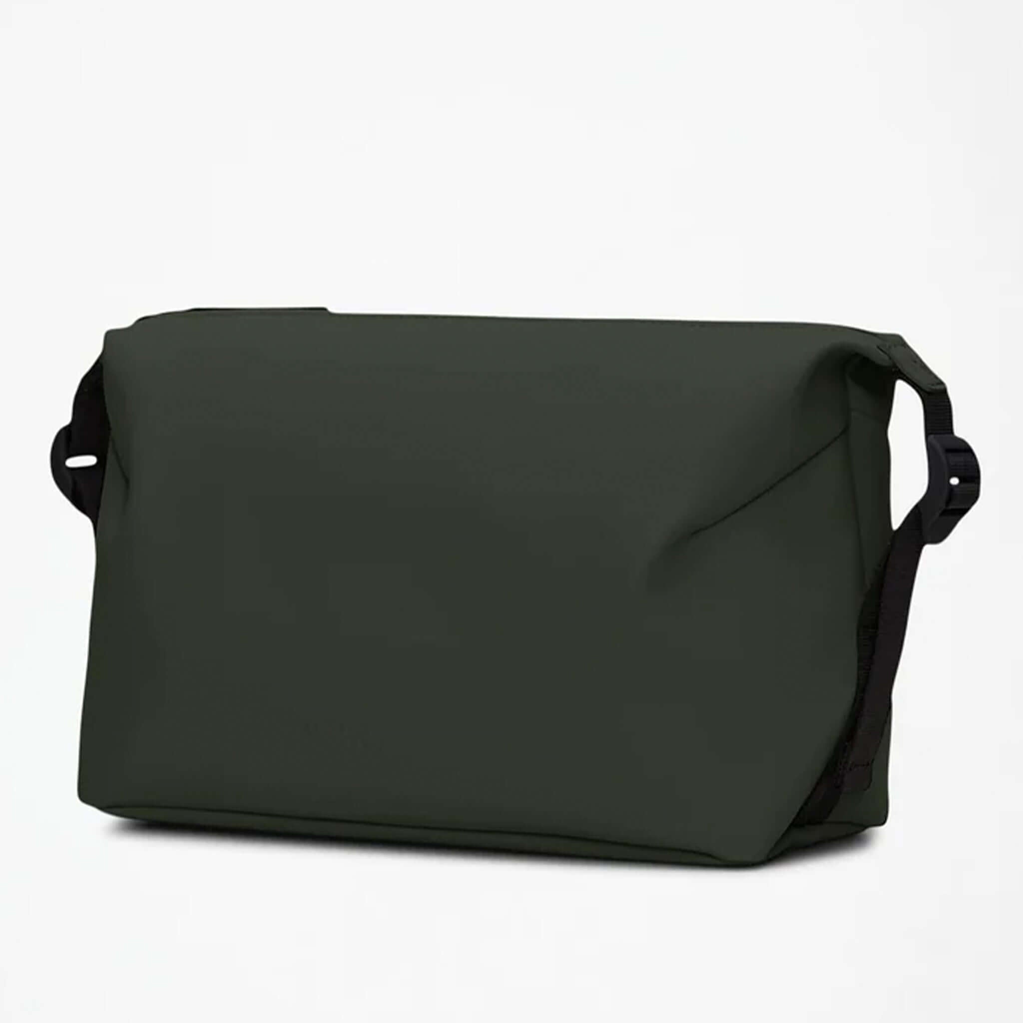 Rains Wash Bag Small - Green shown from the side with a sleek, waterproof design for toiletries.