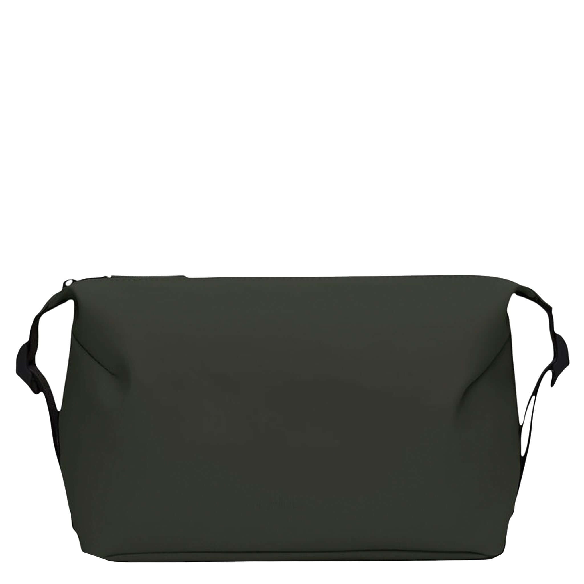 Rains Wash Bag Small - Green in waterproof PU fabric with adjustable buckles for travel convenience.