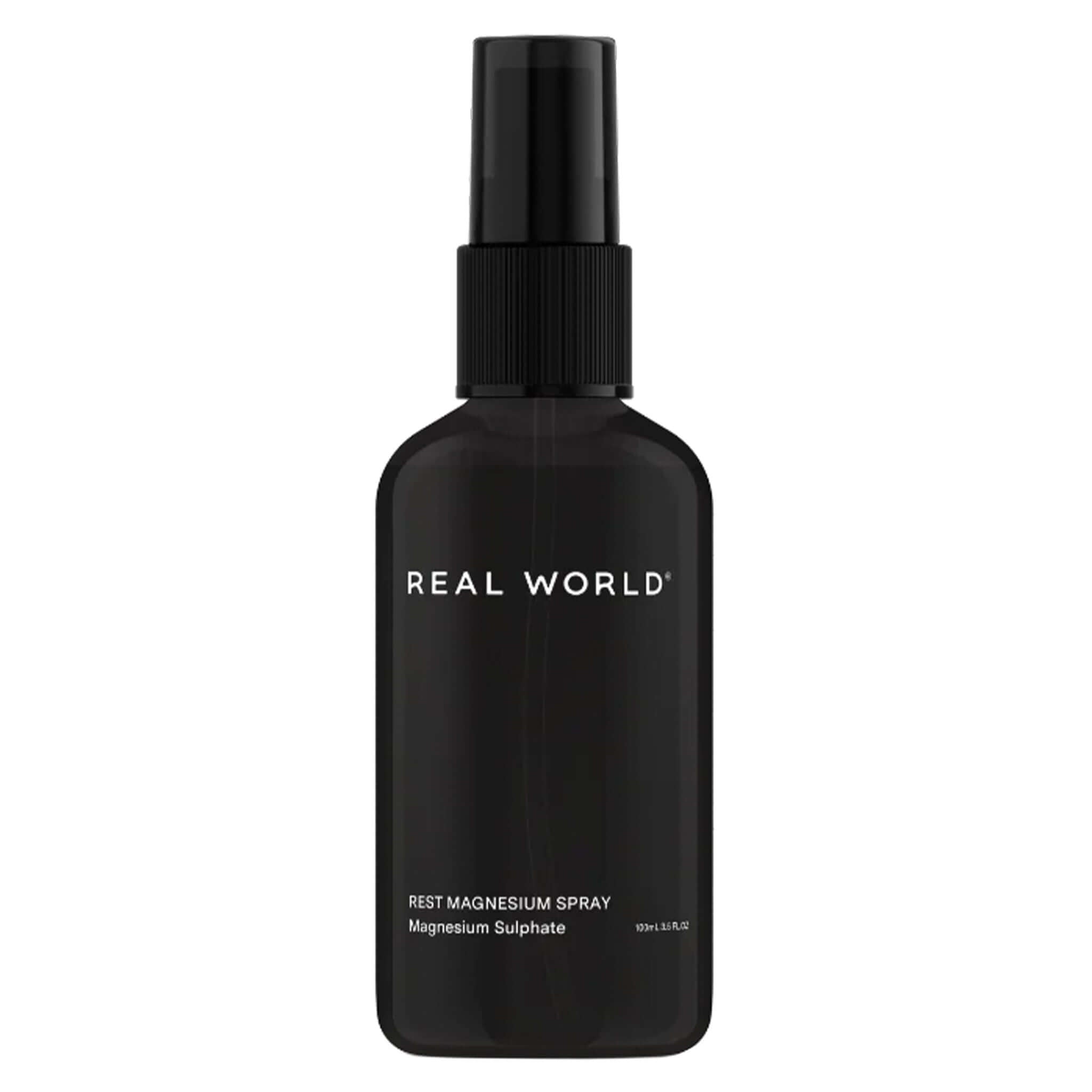 Real World Magnesium Spray in a sleek black bottle for better sleep and muscle relaxation.