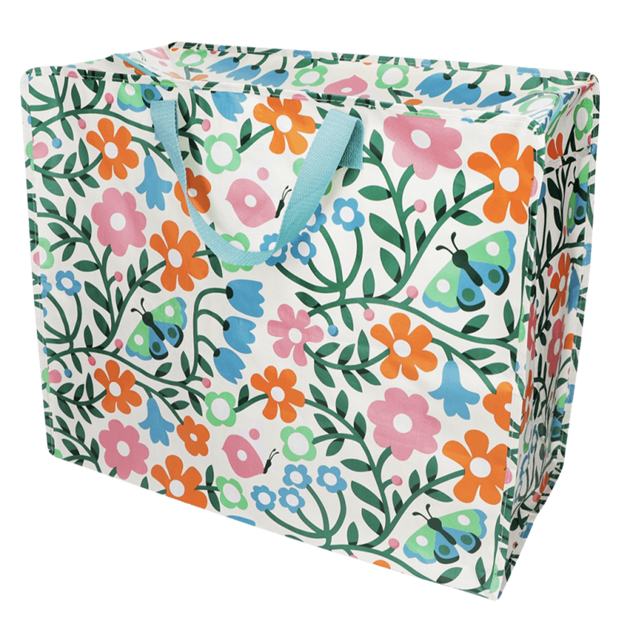 Floral-patterned tote bag with colorful flowers and butterflies on a white background