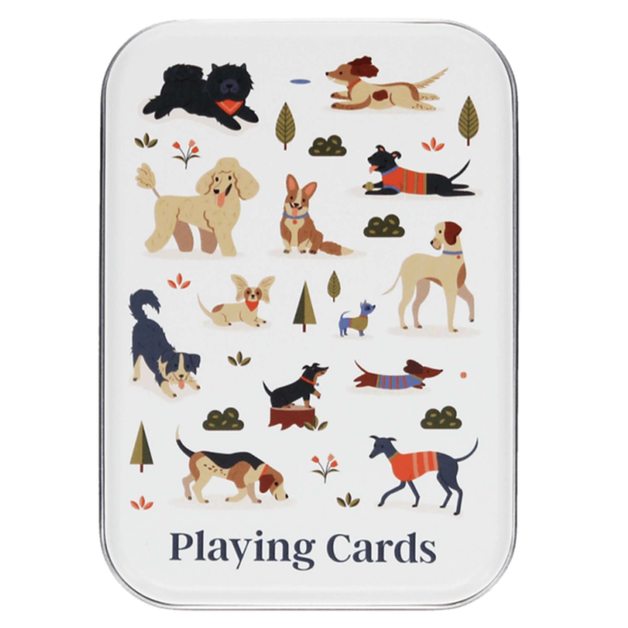 Rex London Playing Cards in a Tin - Dog Park featuring playful dog illustrations on the tin's lid.