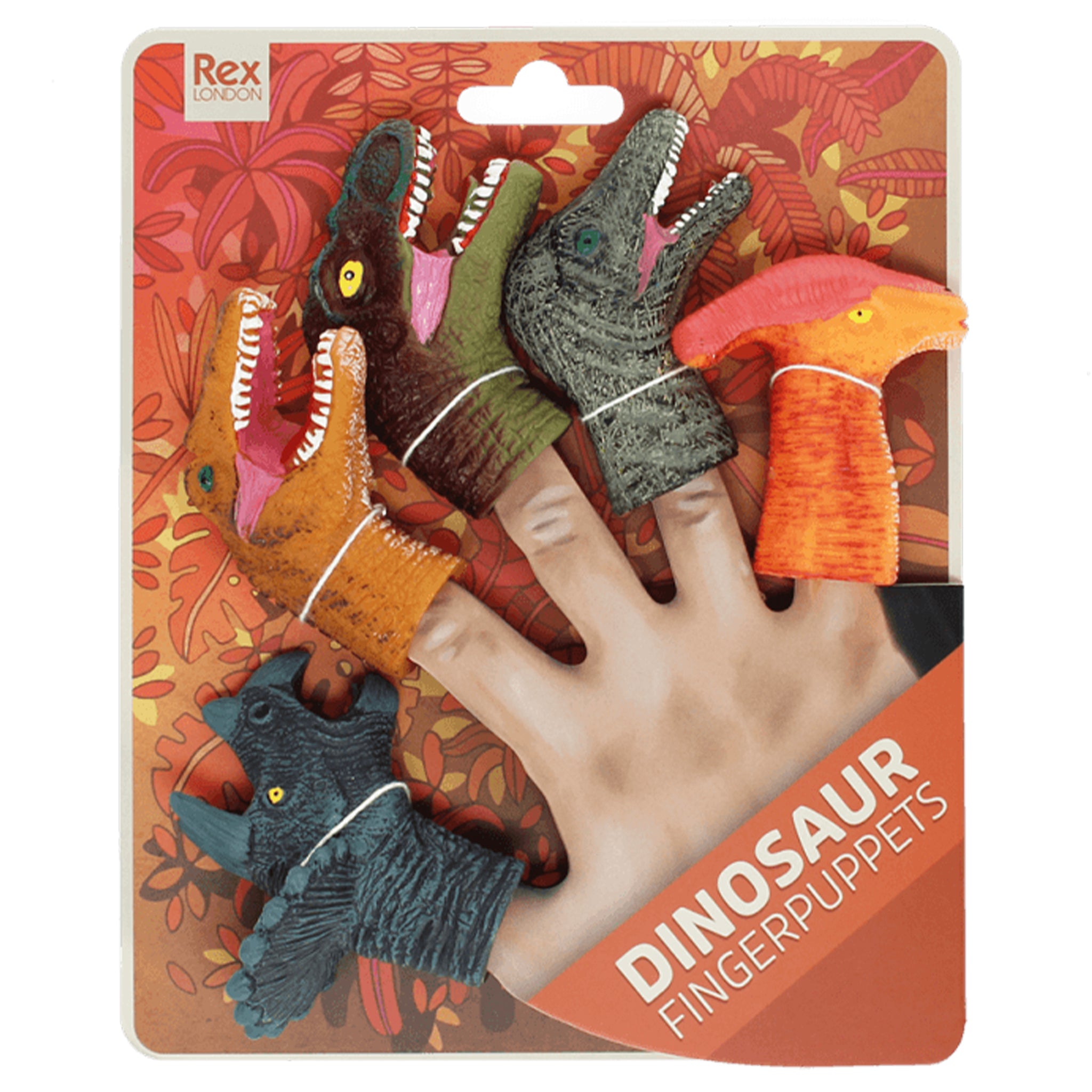Set of dinosaur finger puppets on a colorful packaging with Rex London branding.