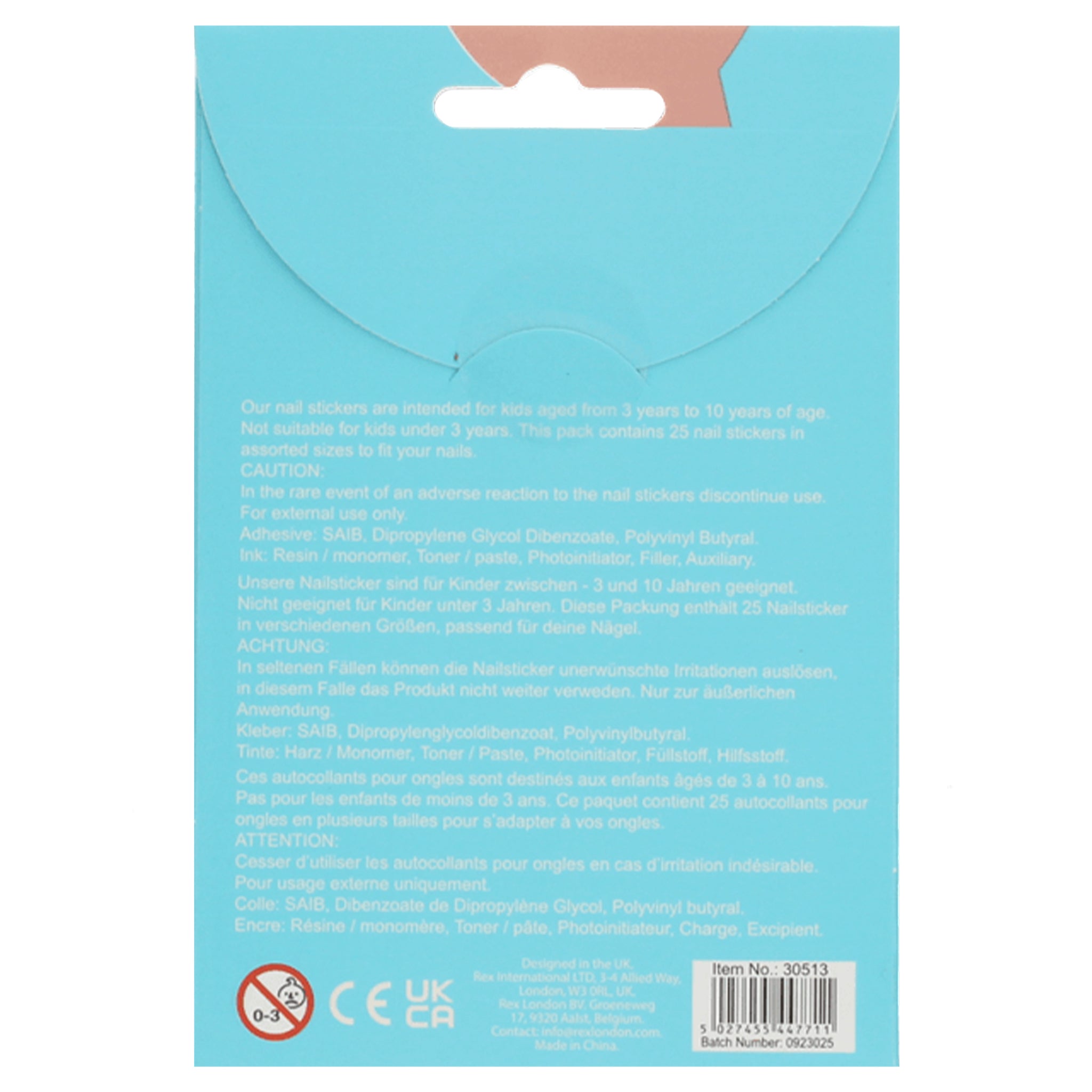 Back of a blue package with text and a barcode on a white background