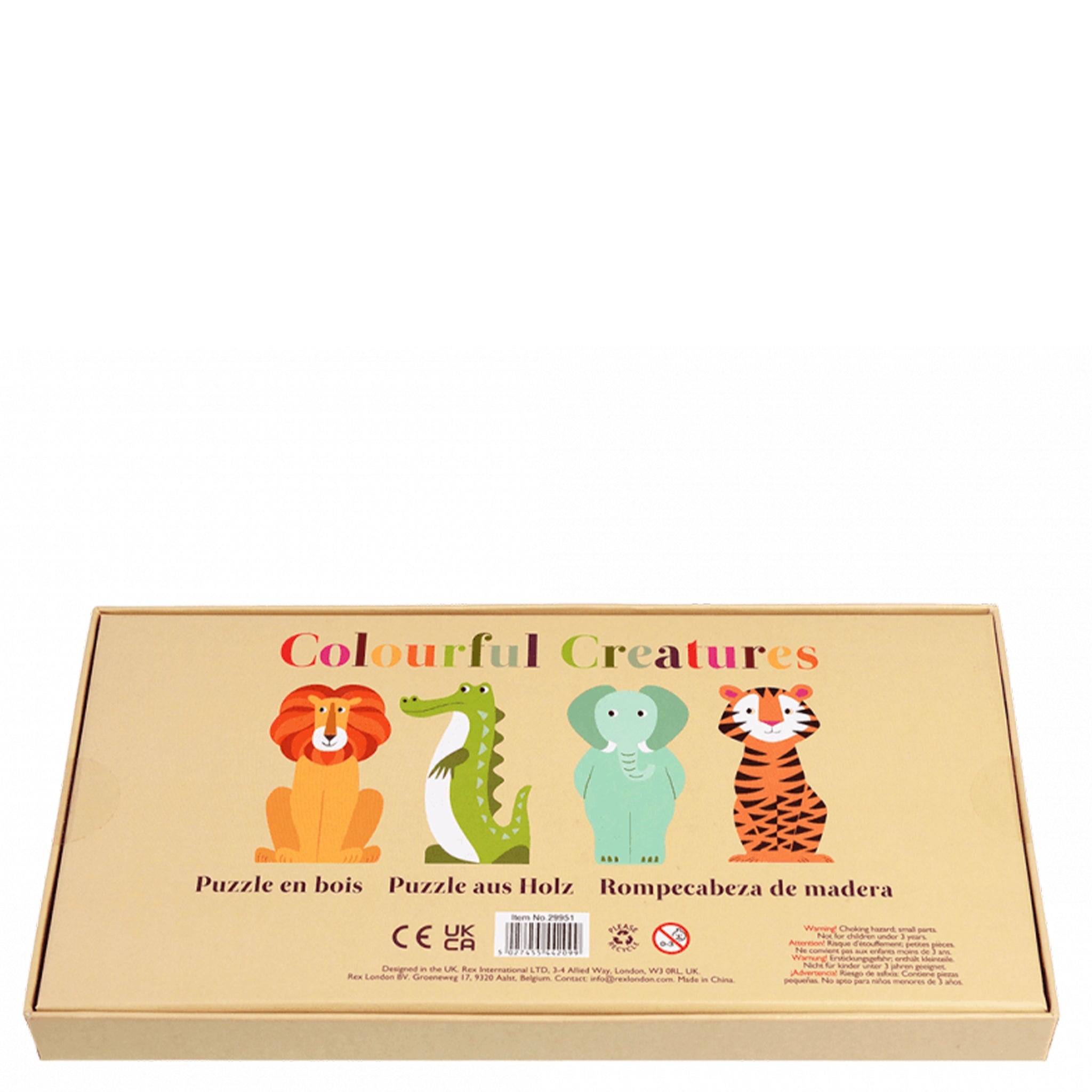 Box of 'Colourful Creatures' wooden puzzle with illustrations of a lion, crocodile, elephant, and tiger on a beige background.