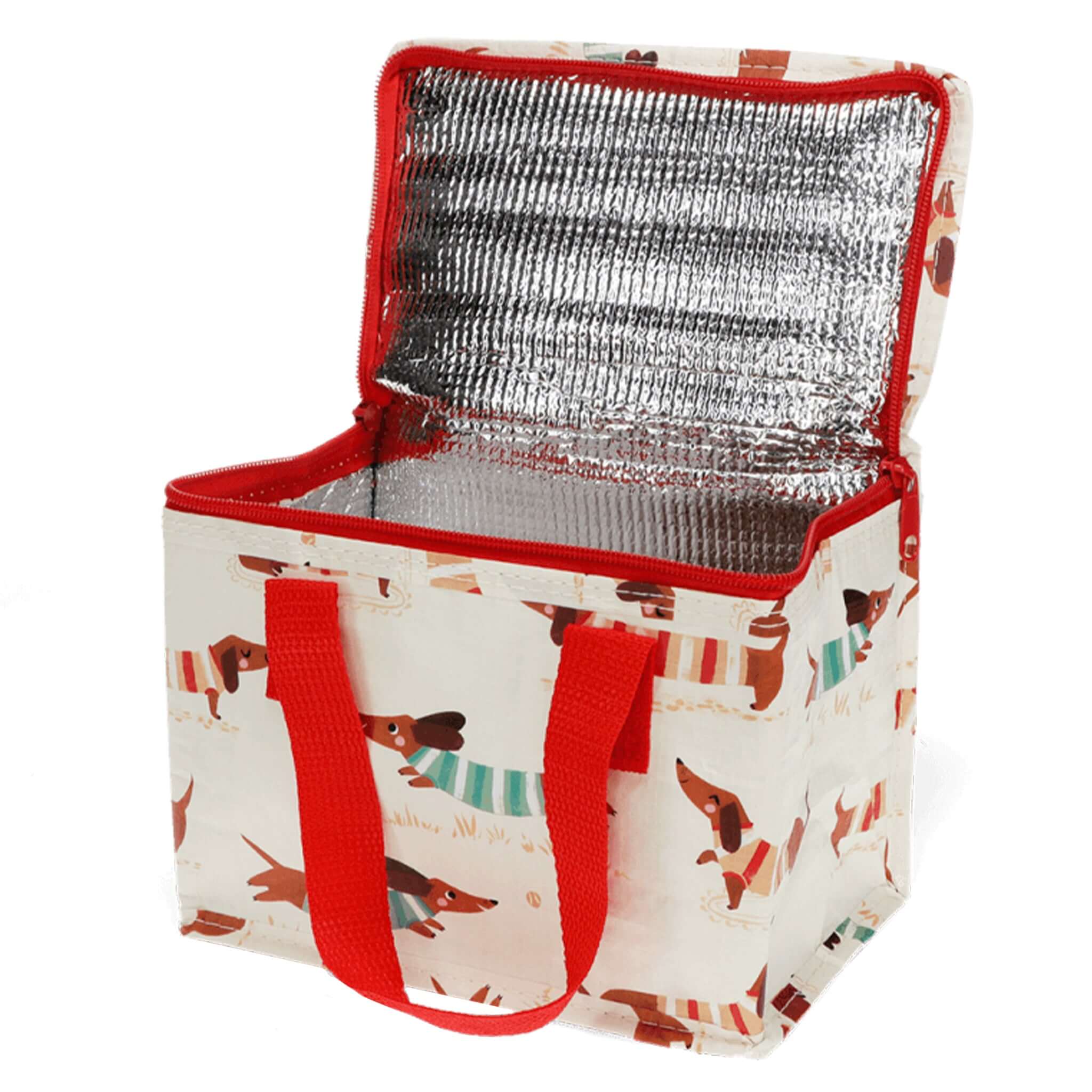 Alt Tag: Rex London Insulated Lunch Bag - Sausage Dog open foil-lined insulated lunch bag with red handles and dachshund print