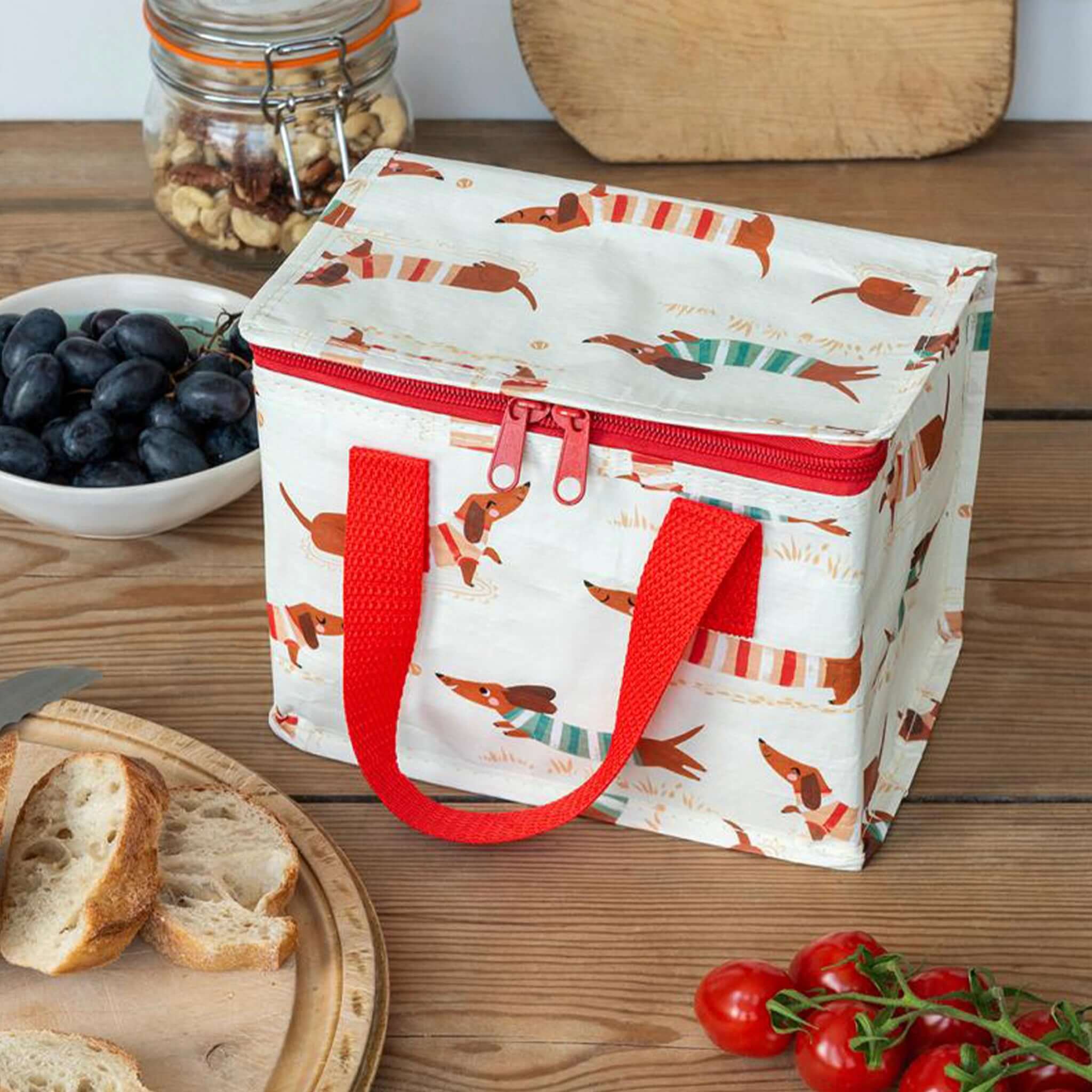 Rex London Insulated Lunch Bag - Sausage Dog foil-lined lunch bag with sausage dog print and red handles for fresh snacks