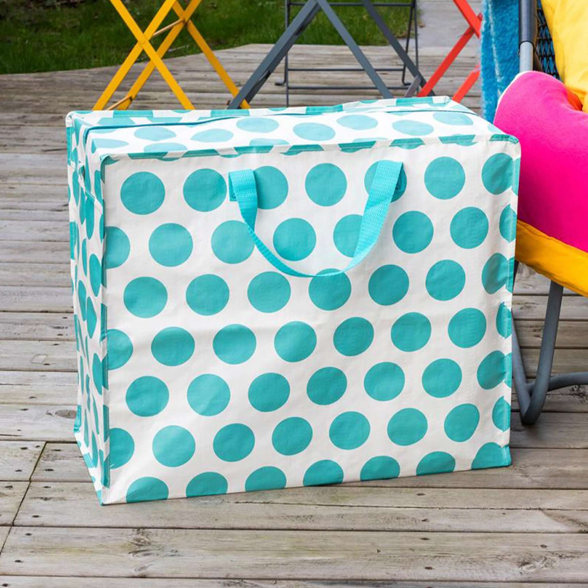 Alt Tag: Rex London Jumbo Storage Bag - Spotlight Turquoise on White jumbo recycled plastic storage bag with turquoise polka dots