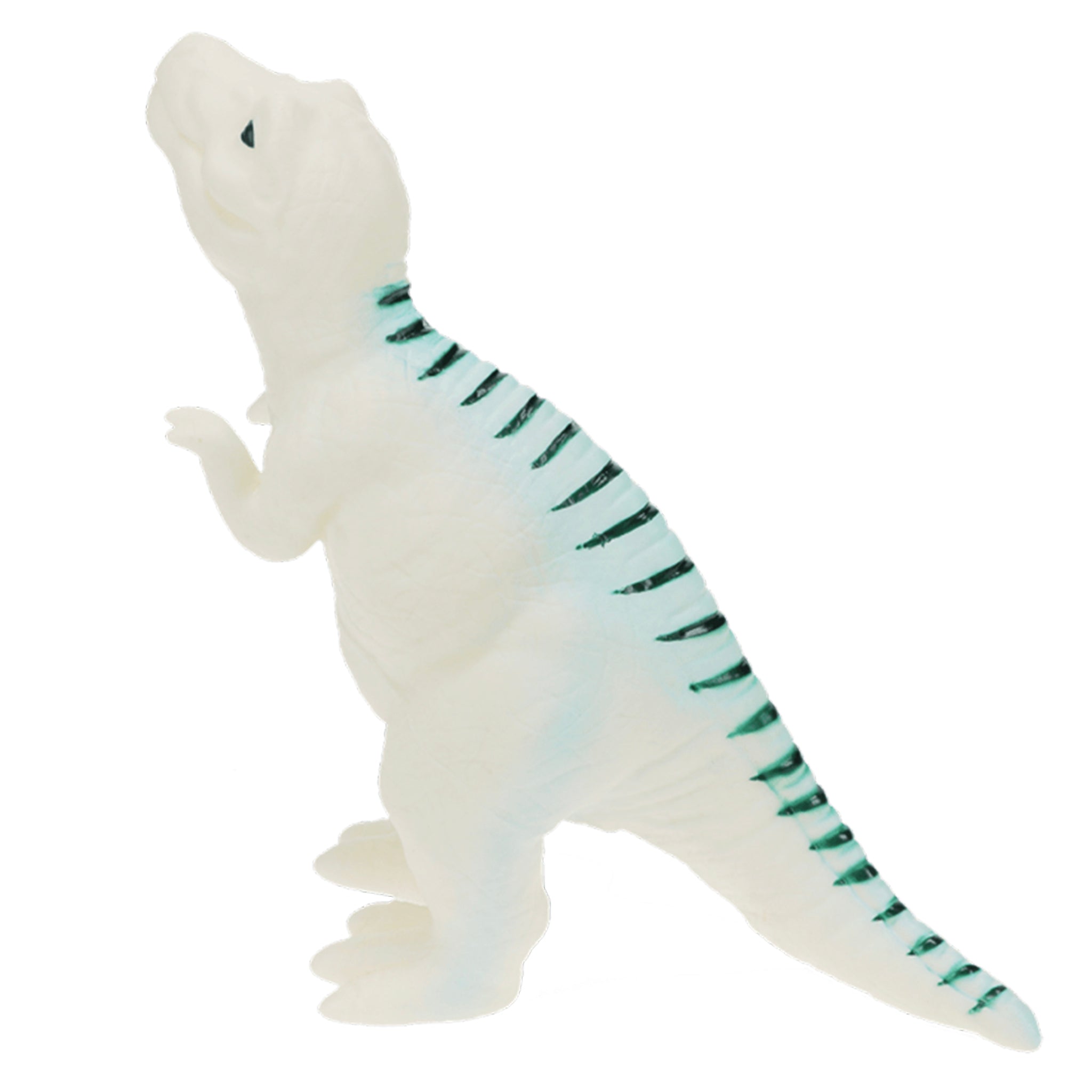 Dinosaur nightlight with white body and green stripes on a white background