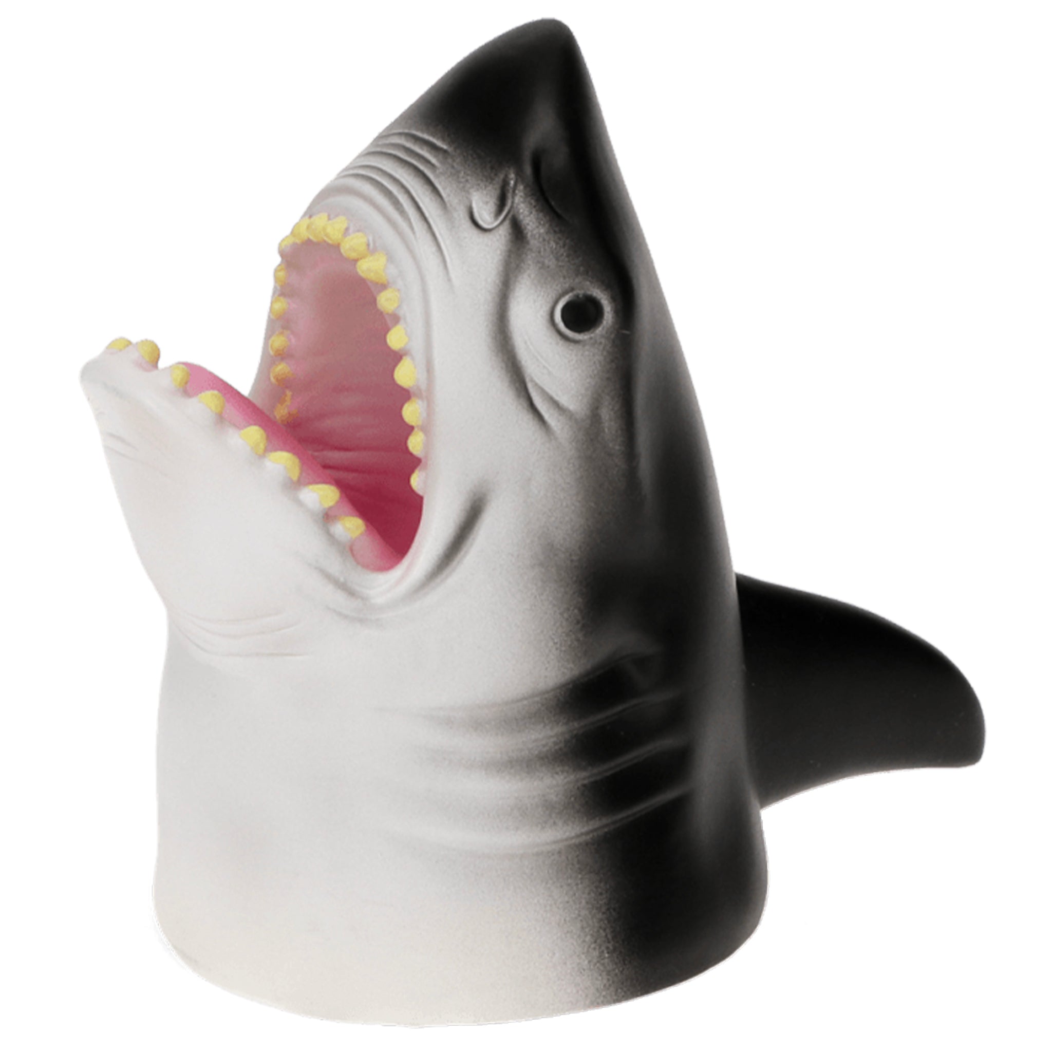 Shark-shaped object with open mouth on a white background