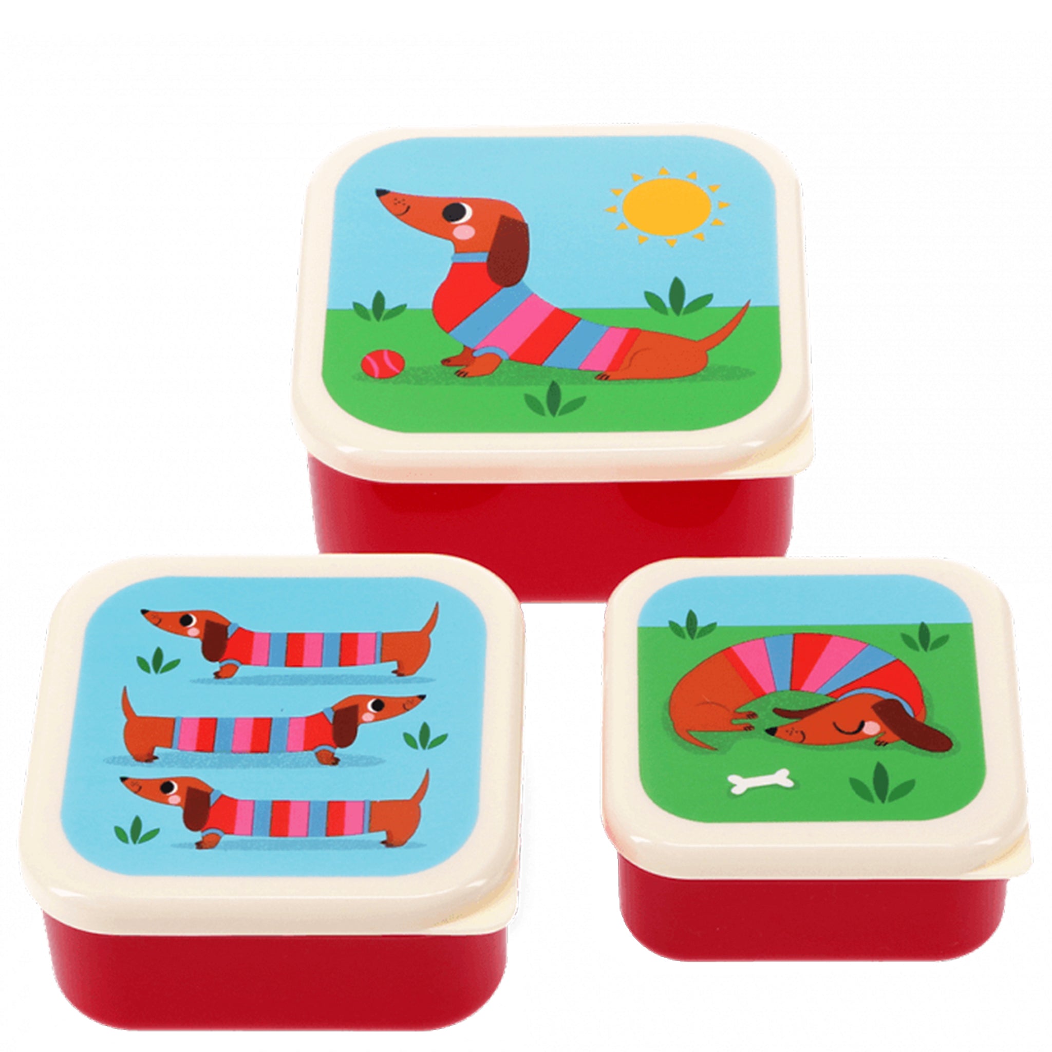 Set of three red food containers with sausage dog designs on a white background