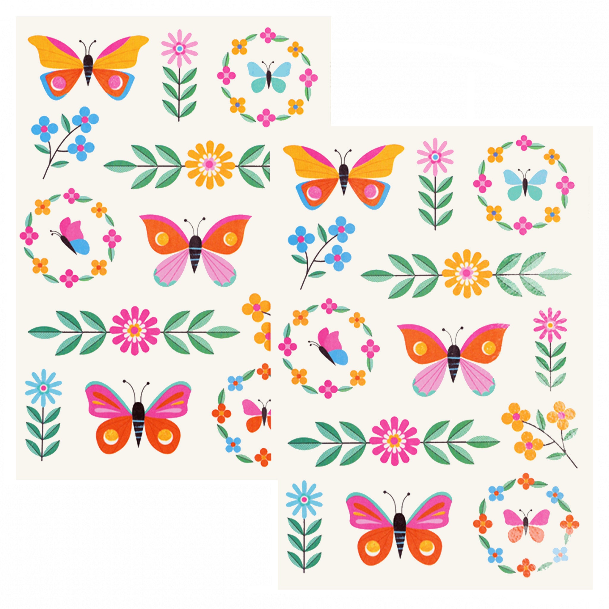 Colorful butterfly and floral pattern on a white background