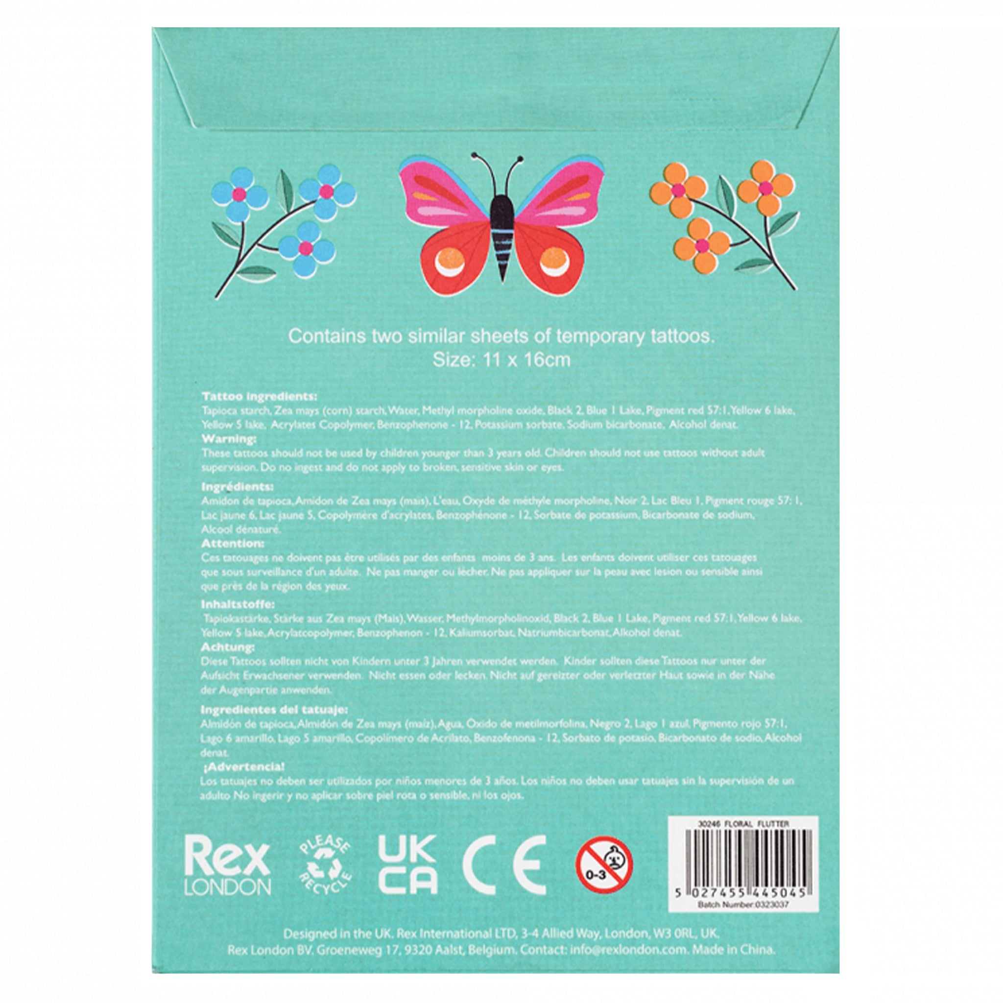 Packaging of temporary tattoos with butterfly design on a light blue background