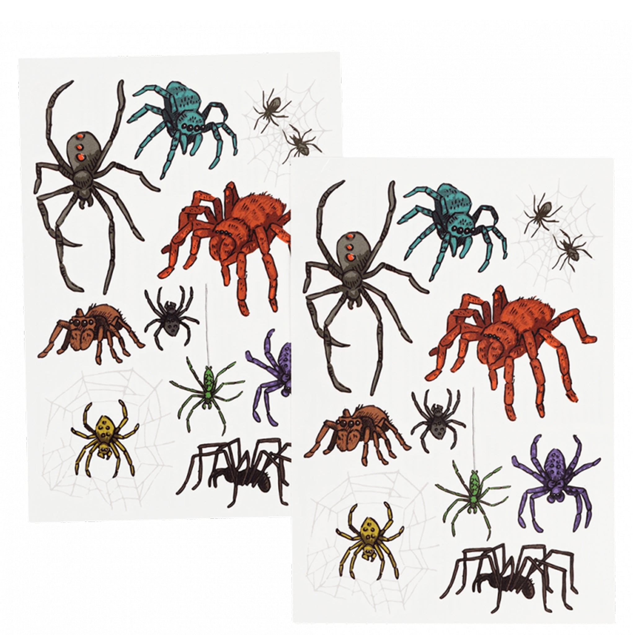 Assorted colorful spider decorations on a white background