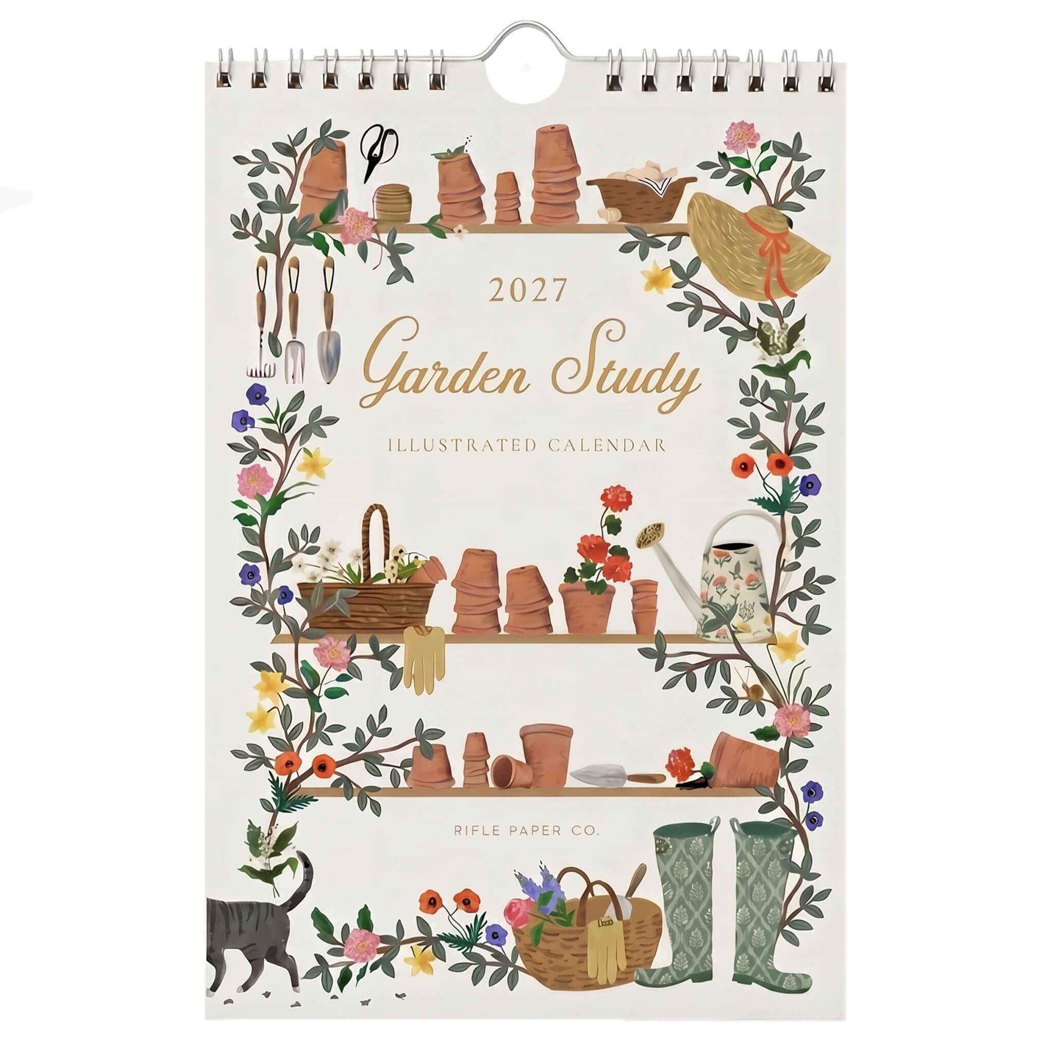 Rifle Paper 2027 Kitchen Calendar - Garden Study with illustrated garden tools and flowers.