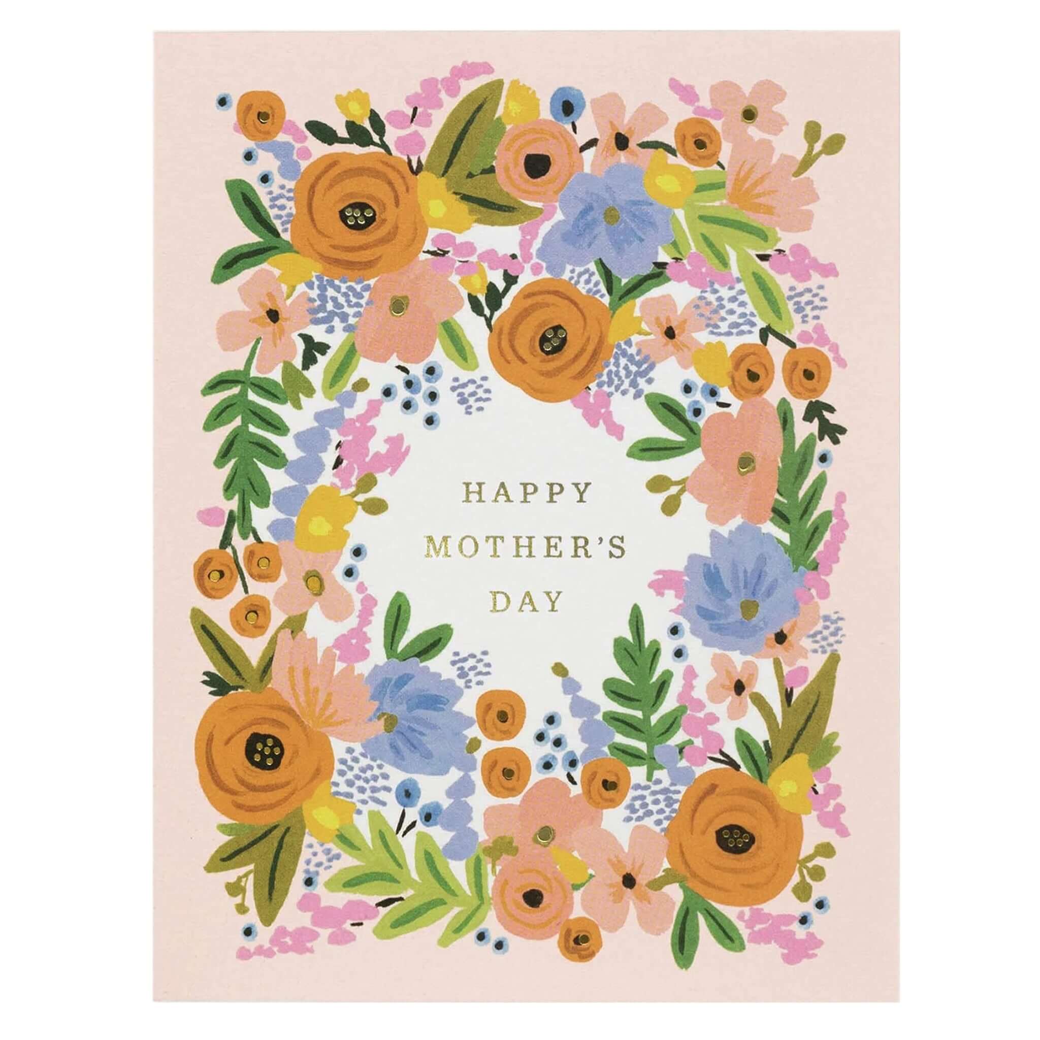 Alt Tag: Rifle Paper Card - Floral Mother's Day with illustrated colourful floral wreath and gold foil Happy Mother's Day text