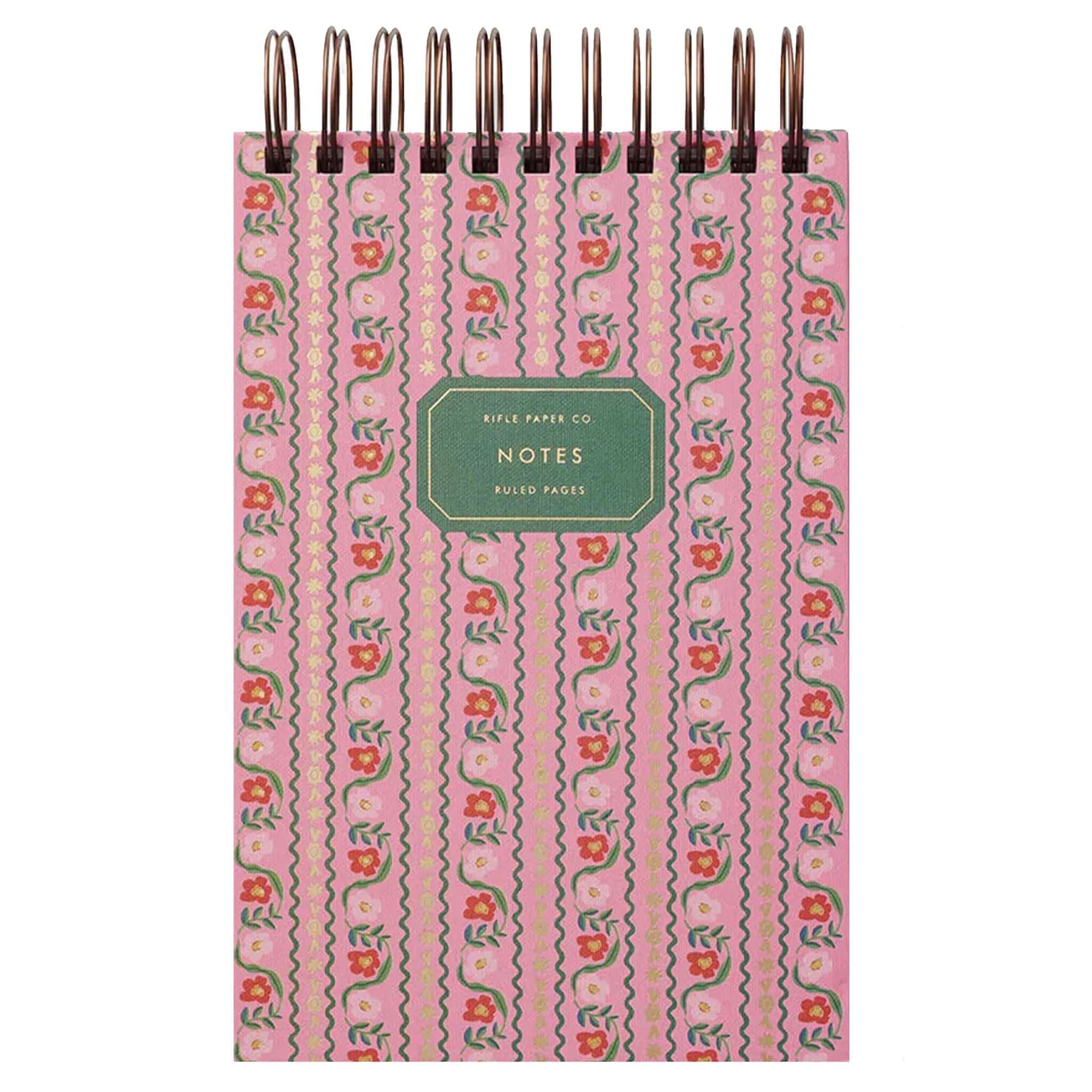 Alt Tag: Rifle Paper Desktop Spiral Notepad - Delphine pink floral striped cover with gold foil notes label and double-spiral binding