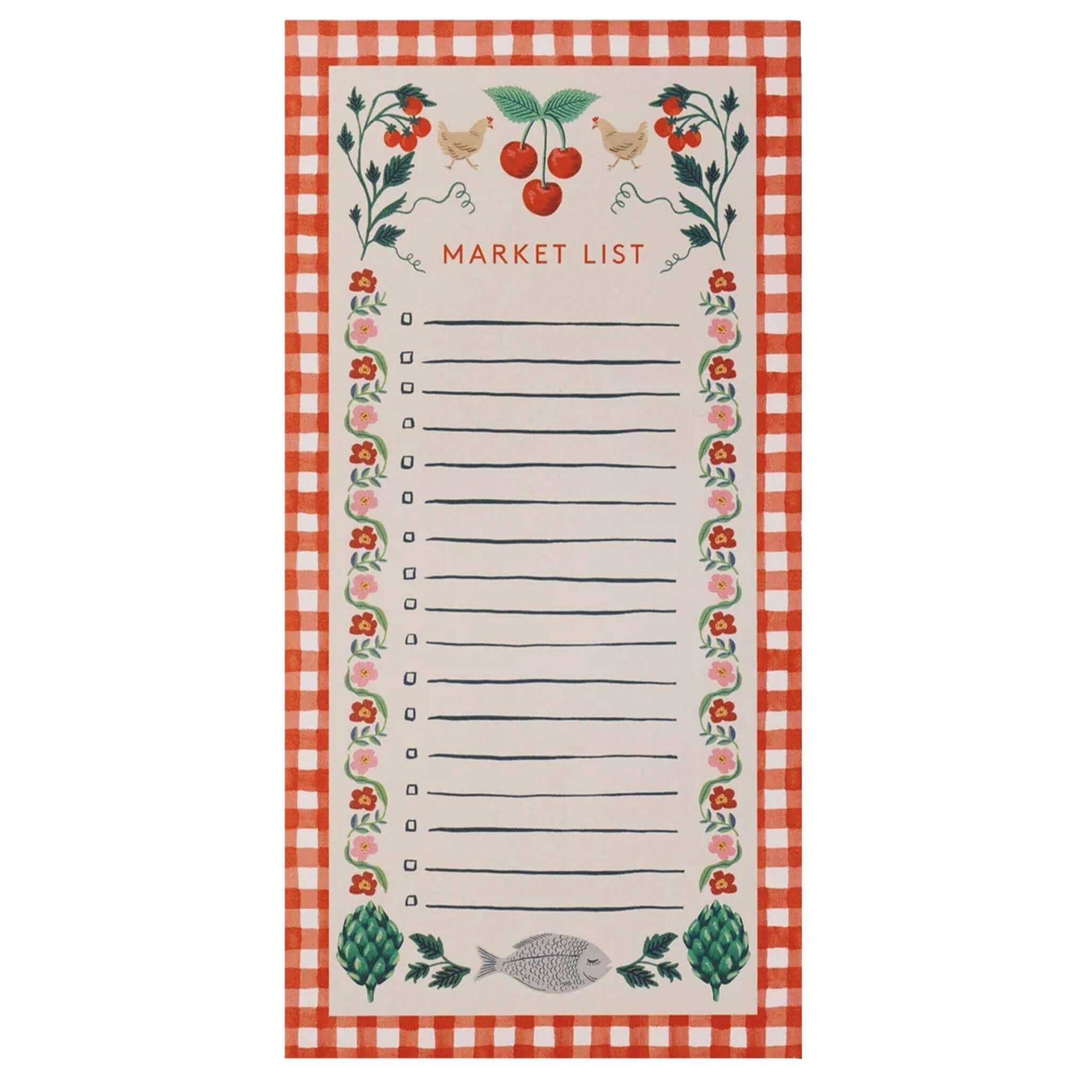 Rifle Paper Market Pad - Cherry Farm market list notepad with magnet, cherry and floral illustrations, tear-off grocery checklist sheets