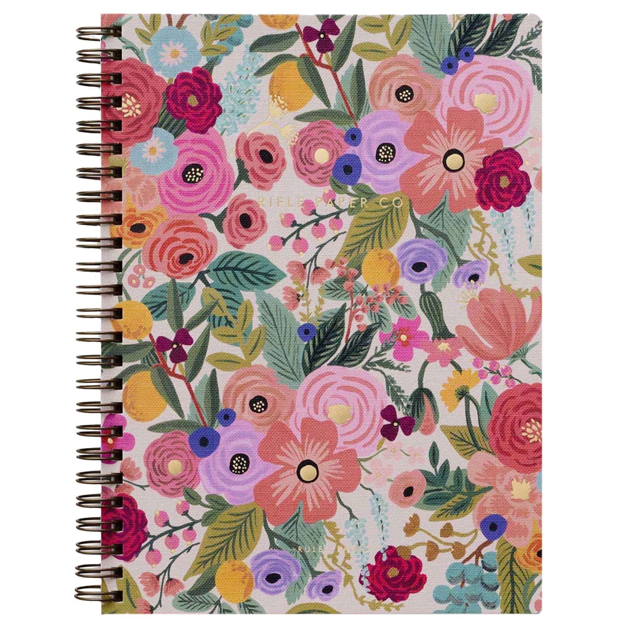 Rifle Paper Spiral Notebook - Garden Party with vibrant floral design, including roses and foliage, perfect for journaling.