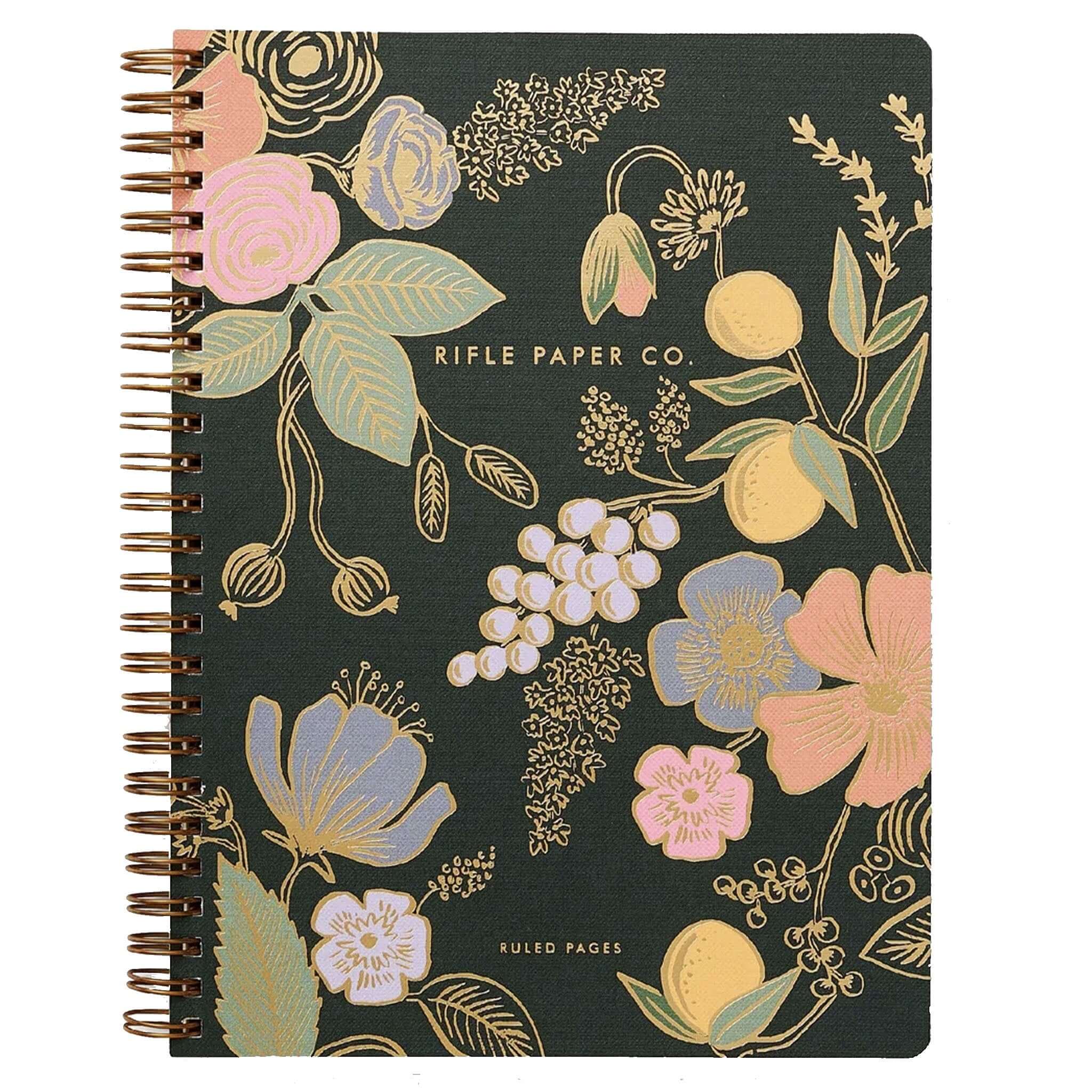 Alt Tag: Rifle Paper US Spiral Notebook - Colette softcover spiral notebook with floral cover and metallic gold foil accents