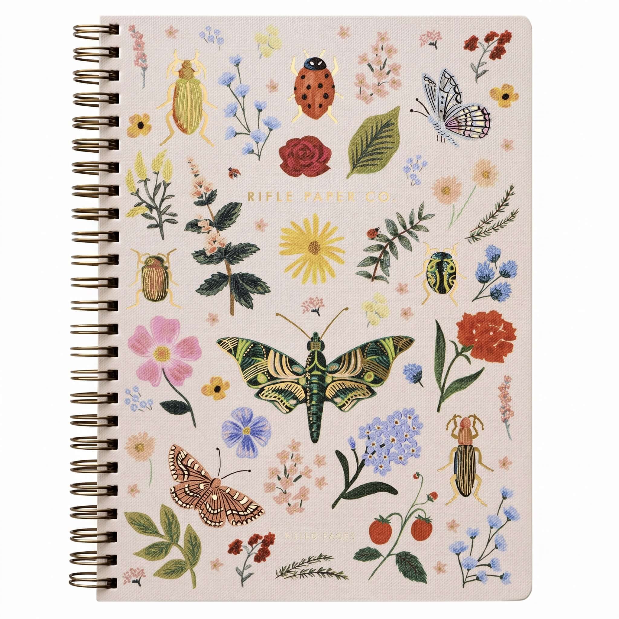 Rifle Paper US Spiral Notebook - Curio with colorful botanical print and gold foil accents.