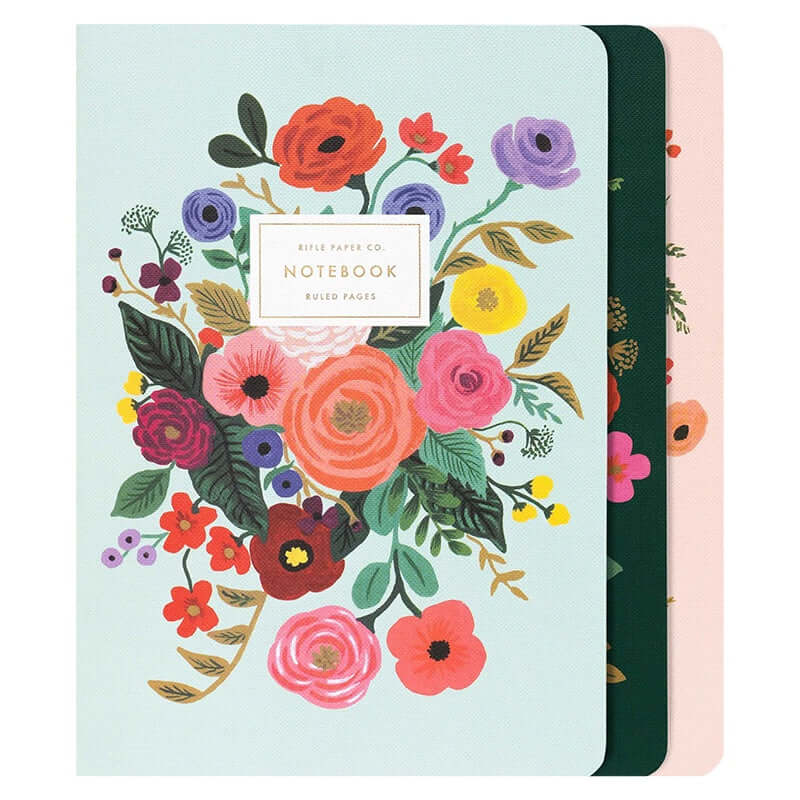 Rifle Paper Stitched Notebook Set - Garden Party featuring floral designs in mint, green, and blush pink covers.