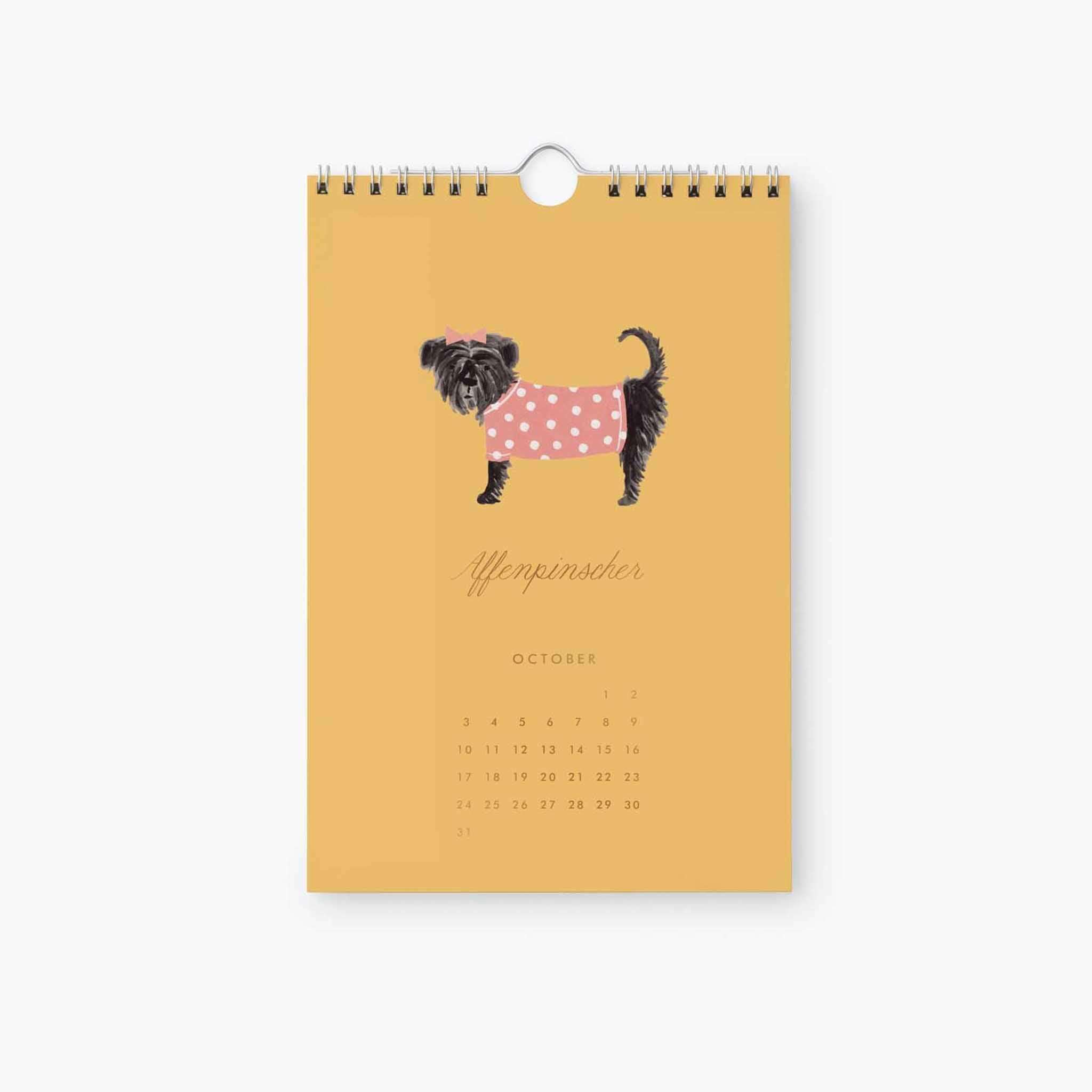 Rifle Paper 2027 Kitchen Calendar - Dog of the Month featuring an Affenpinscher in a polka dot outfit for October.