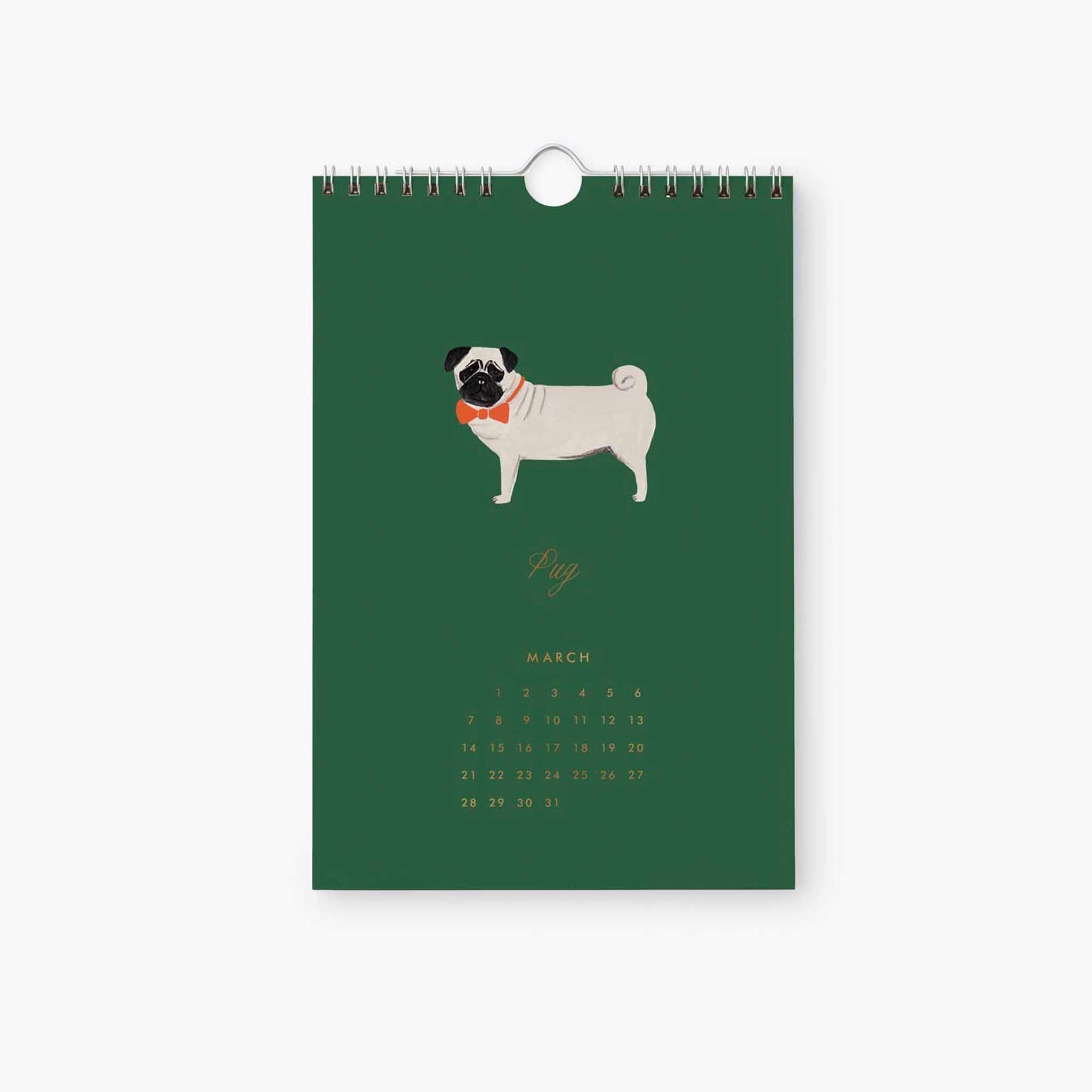Rifle Paper 2027 Kitchen Calendar - Dog of the Month featuring a pug for March with a green background.