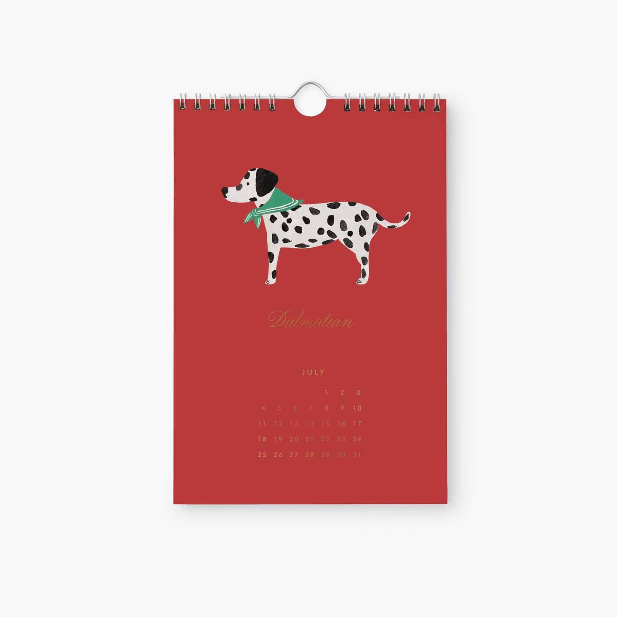 Rifle Paper 2027 Kitchen Calendar - Dog of the Month featuring a stylish Dalmatian for July with a green scarf.