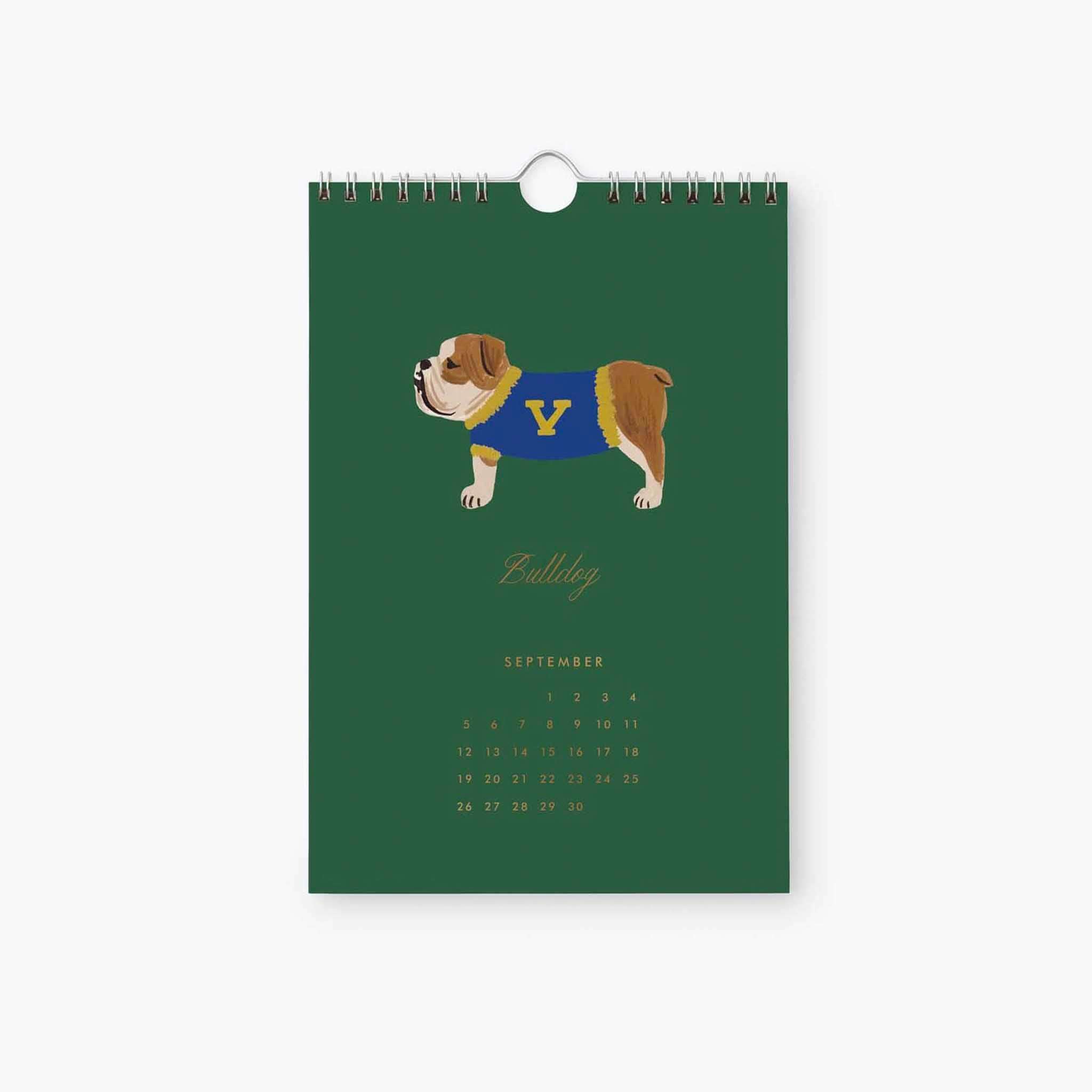 Rifle Paper 2027 Kitchen Calendar - Dog of the Month featuring a Bulldog for September with stylish blue jersey.