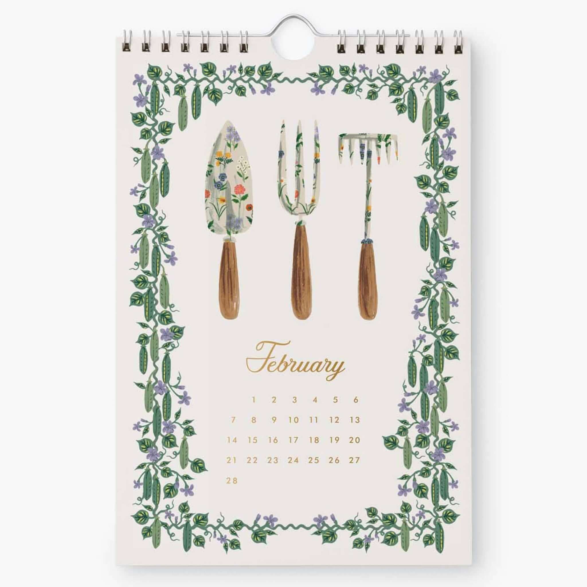 Rifle Paper 2027 Kitchen Calendar - Garden Study February page with gardening tools and floral border.