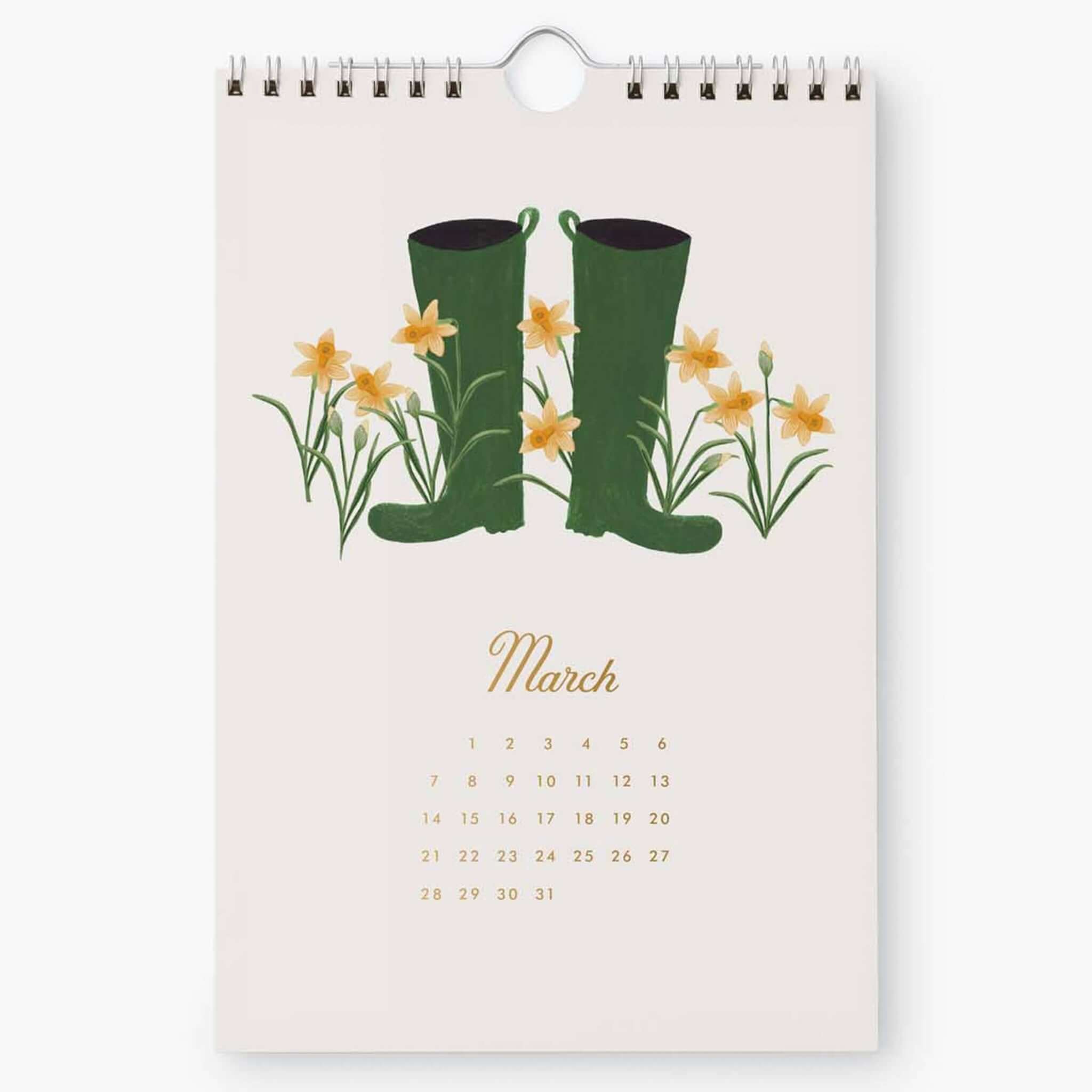 Rifle Paper 2027 Kitchen Calendar - Garden Study for March featuring green wellies and daffodils.