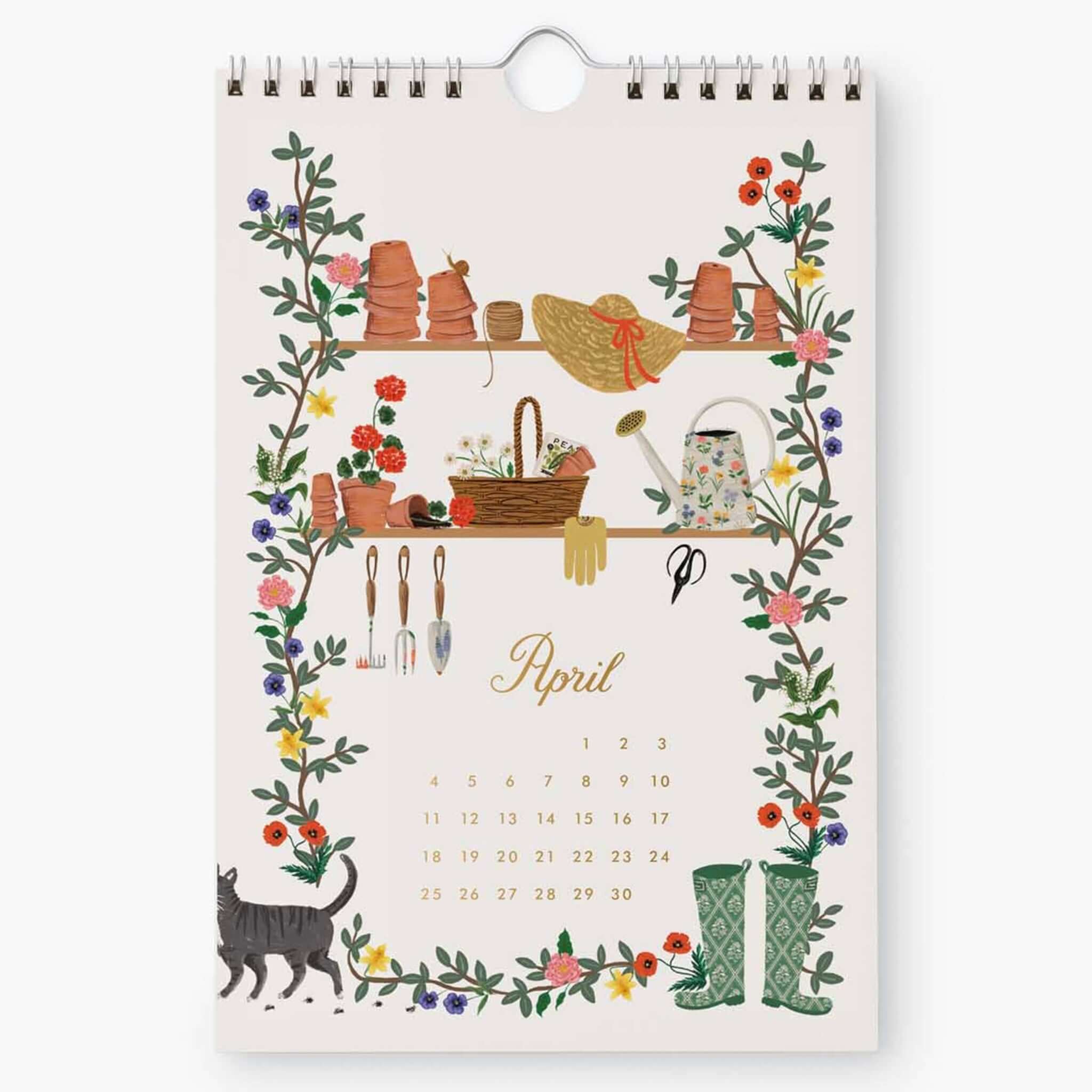Rifle Paper 2027 Kitchen Calendar - Garden Study April page with gardening tools and spring flowers.