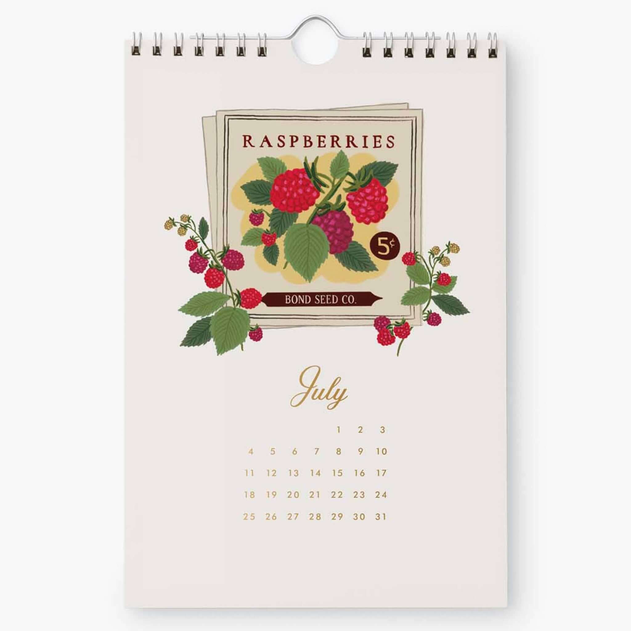 Image of Rifle Paper 2027 Kitchen Calendar - Garden Study featuring raspberries for July.