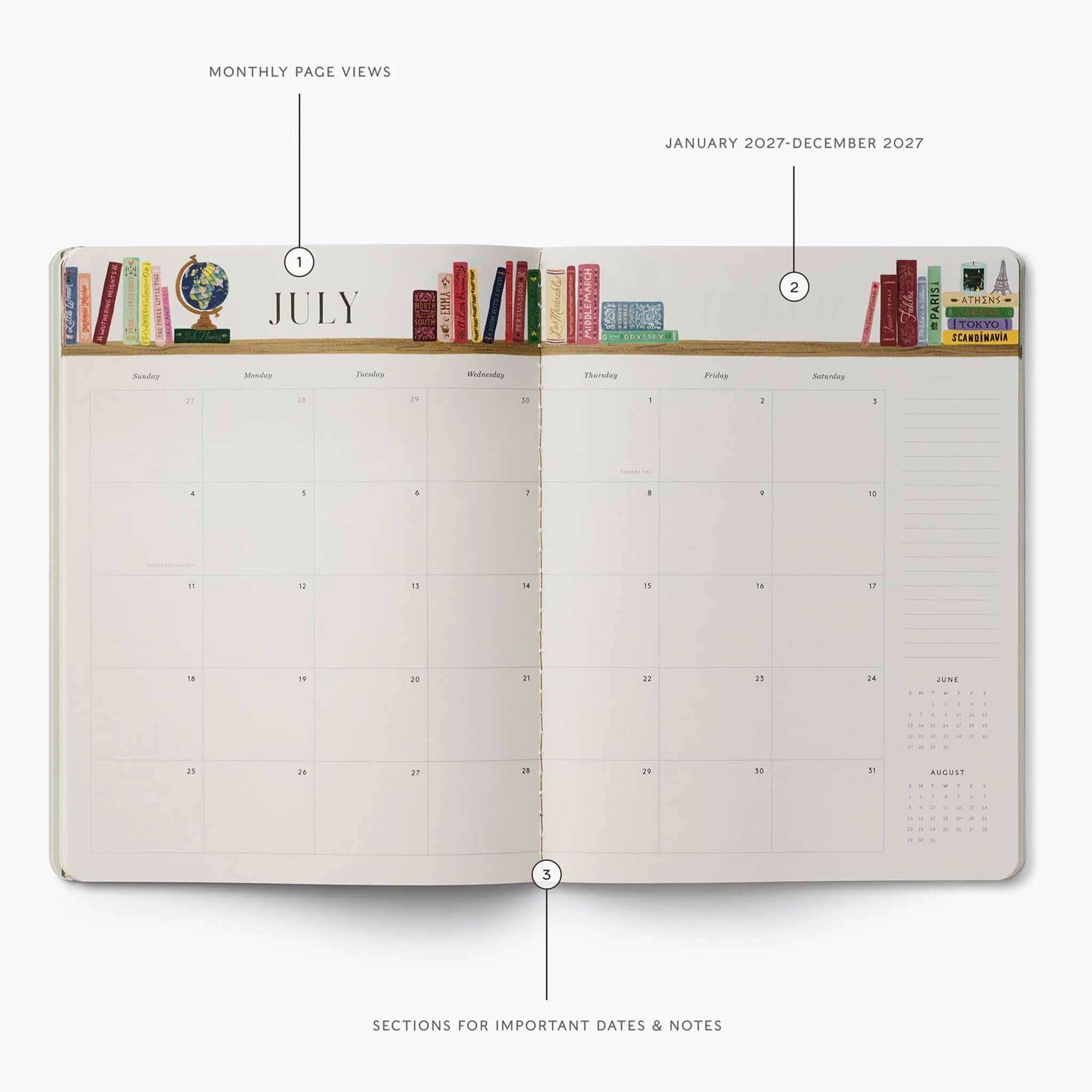 Rifle Paper 2027 Monthly Appointment Notebook - Ladies Night Book Club monthly page view for July.