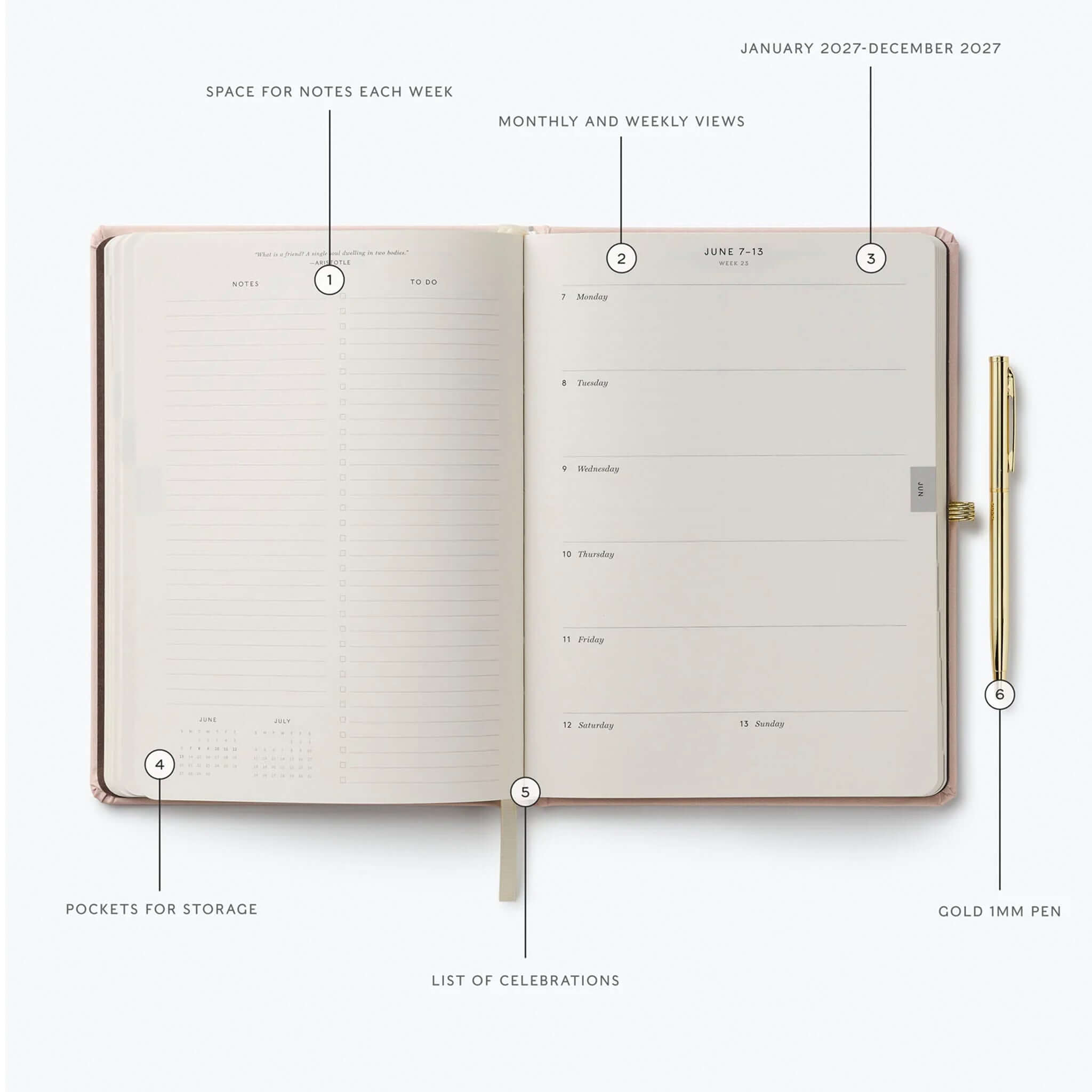 Rifle Paper 2027 Weekly Hardcover Planner with Pen - Paisley open with monthly views, notes space, and gold pen.