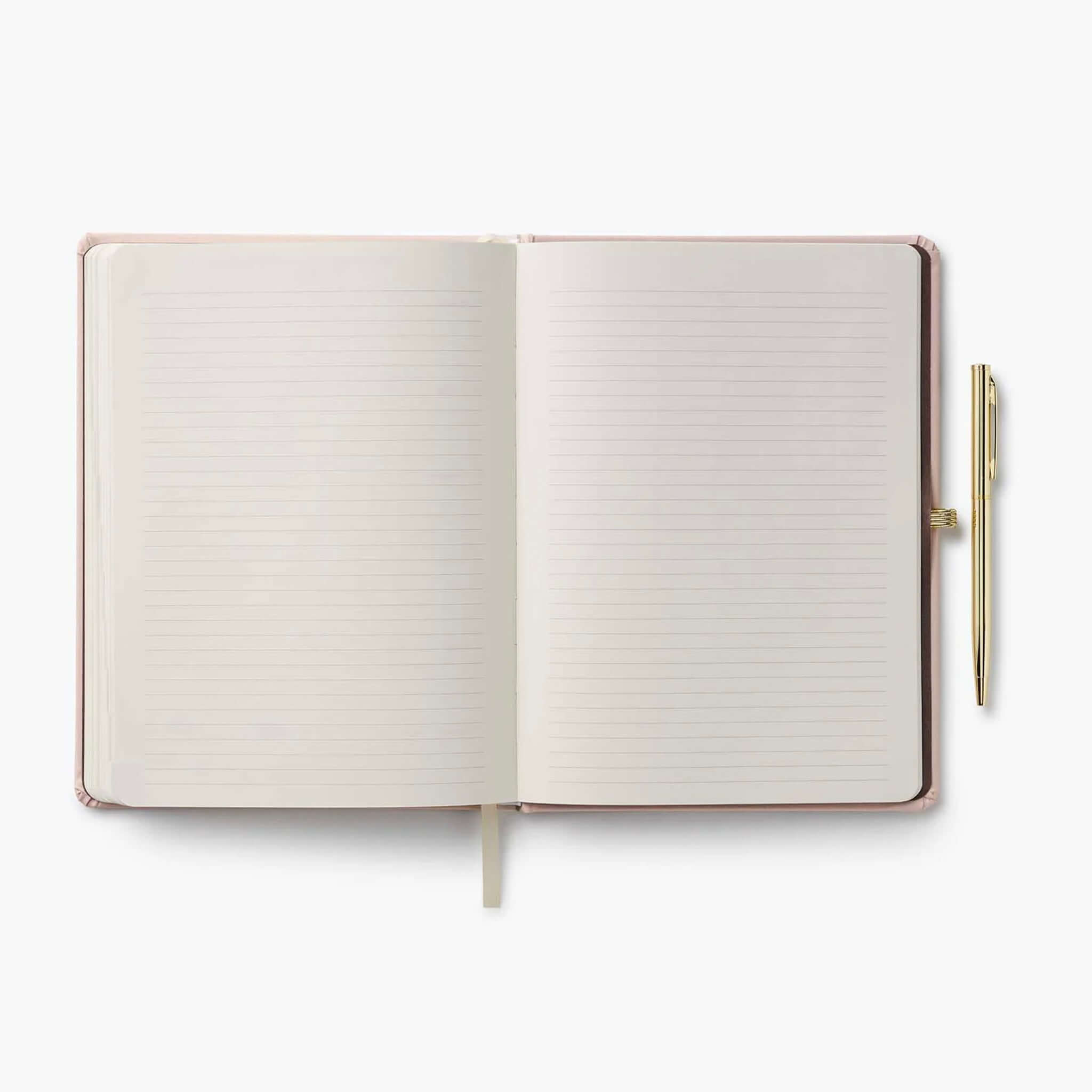 Rifle Paper 2027 Weekly Hardcover Planner with Pen - Paisley open on a flat surface with matching gold pen.