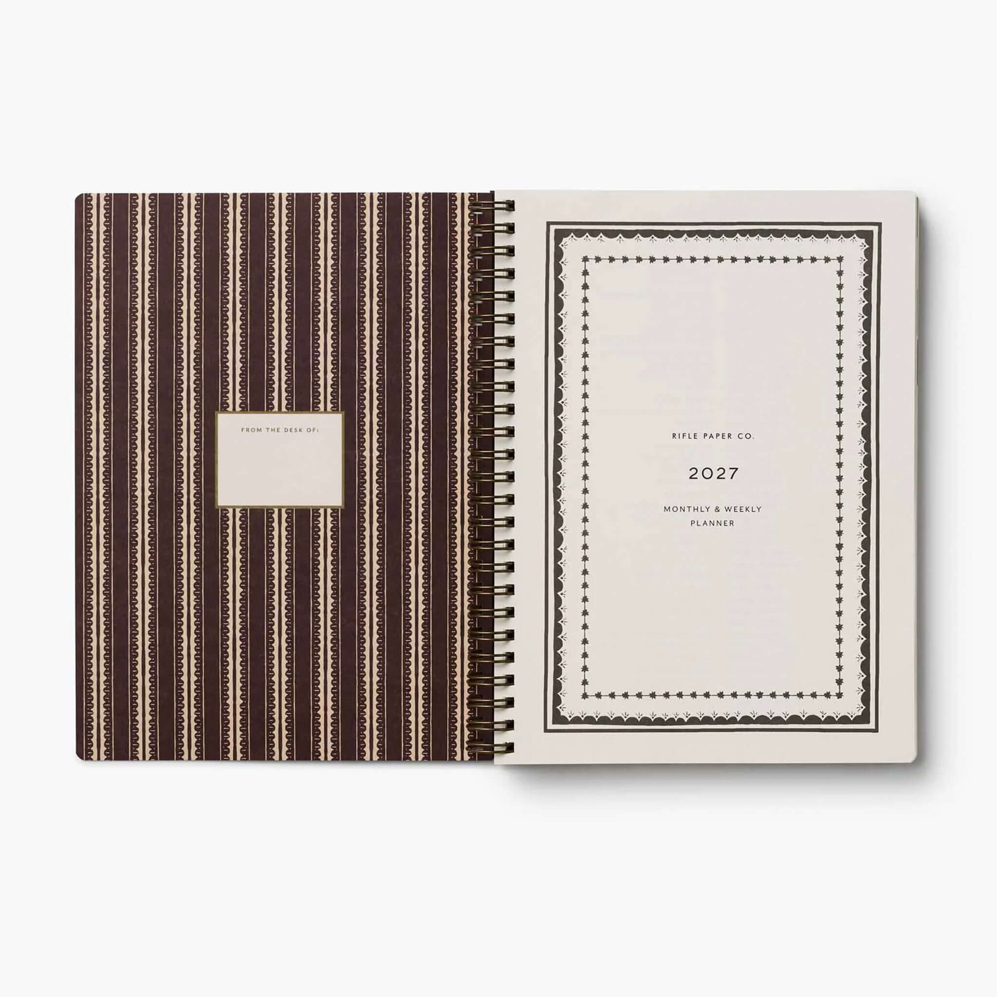 Rifle Paper 2027 Weekly Softcover Spiral Planner - Sage Hydrangea open interior with decorative design and gold spiral binding