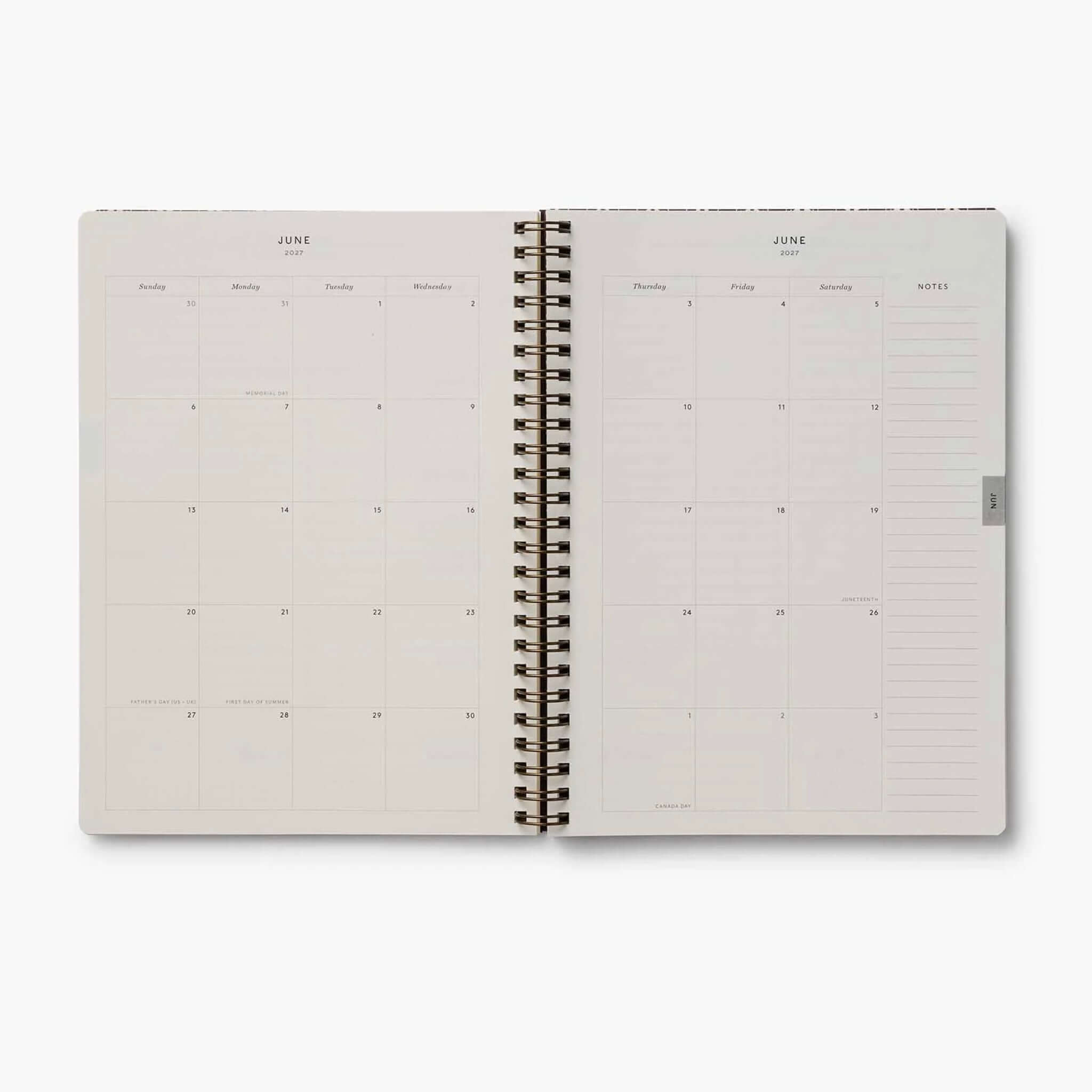 Rifle Paper 2027 Weekly Softcover Spiral Planner - Sage Hydrangea open to June month view layout with notes section.