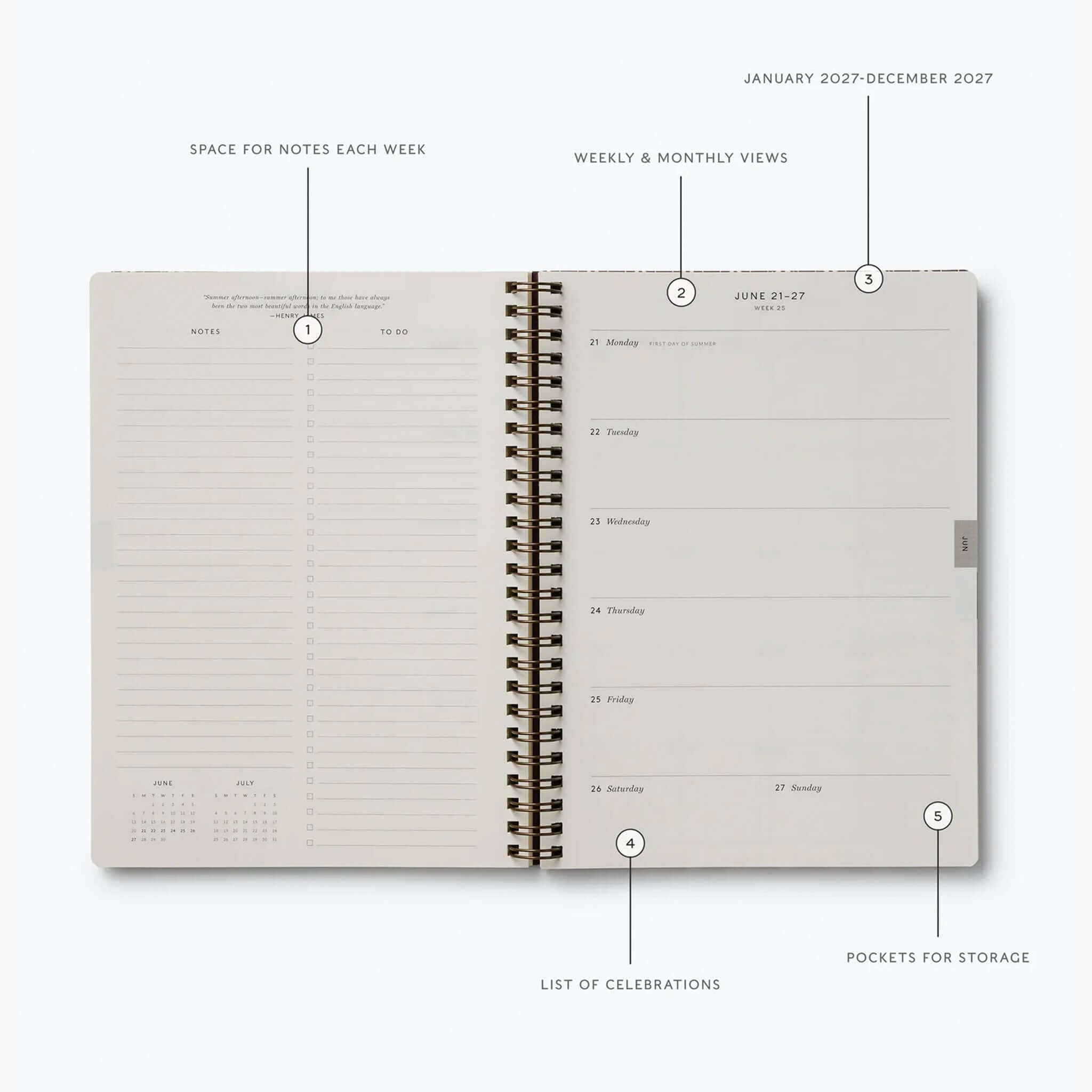 Rifle Paper 2027 Weekly Softcover Spiral Planner - Sage Hydrangea showing weekly layout with note space and storage pockets.