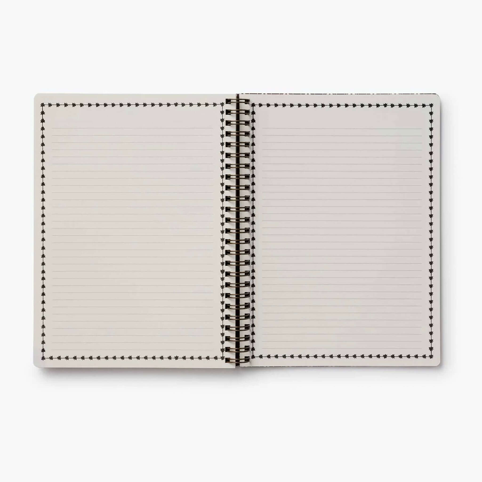Rifle Paper US Spiral Notebook - Pink Hydrangea open pages with lined design and decorative border.