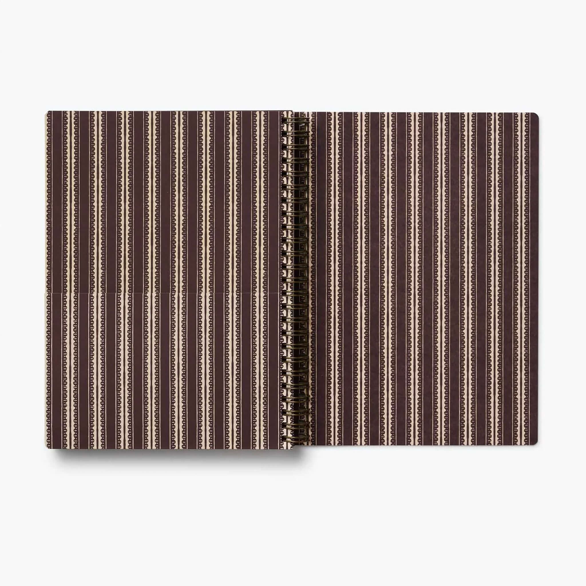 Rifle Paper 2027 Weekly Softcover Spiral Planner - Sage Hydrangea open view showing inner pages with striped design.