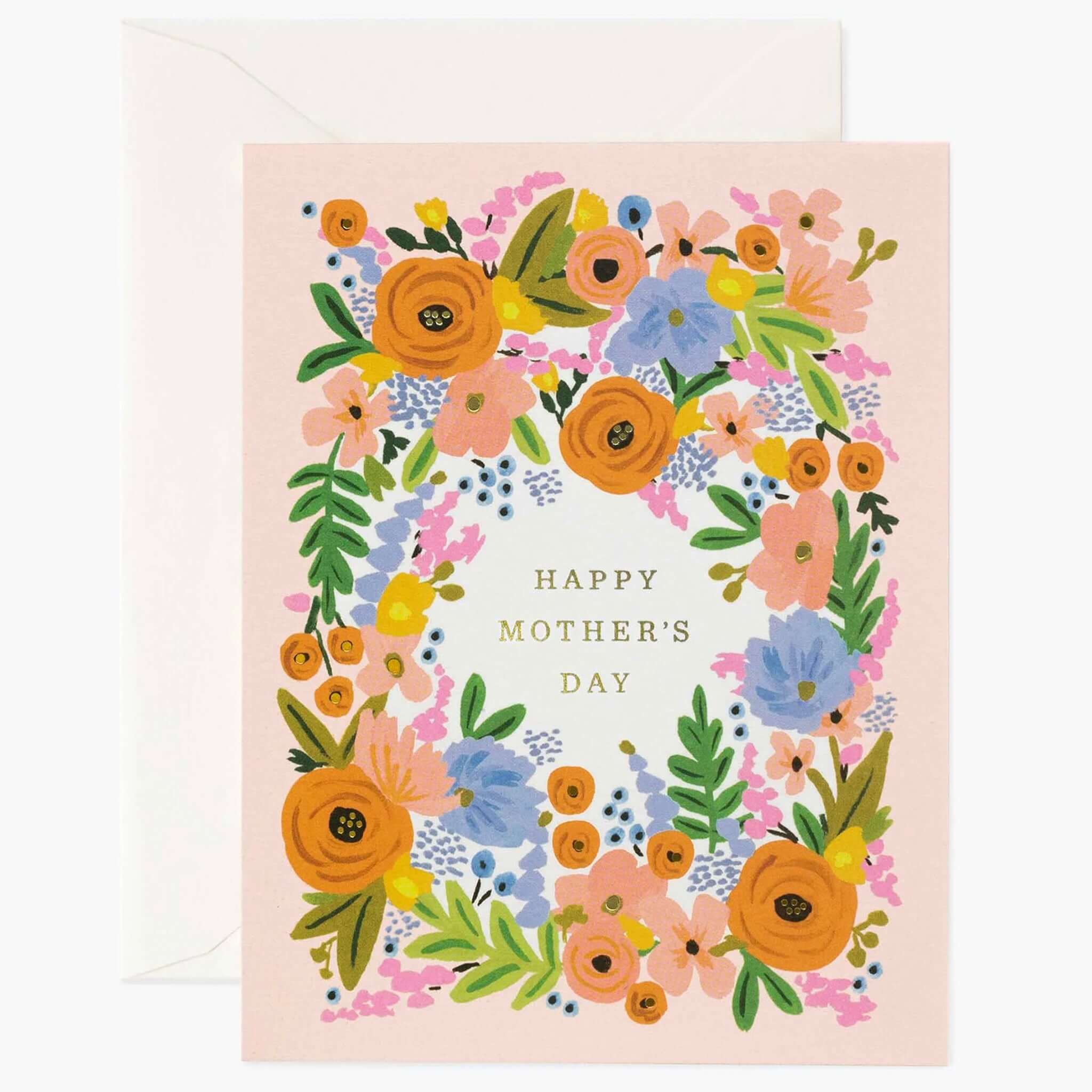 Alt Tag: Rifle Paper Card - Floral Mother's Day featuring colourful floral wreath and gold foil Happy Mother’s Day greeting card