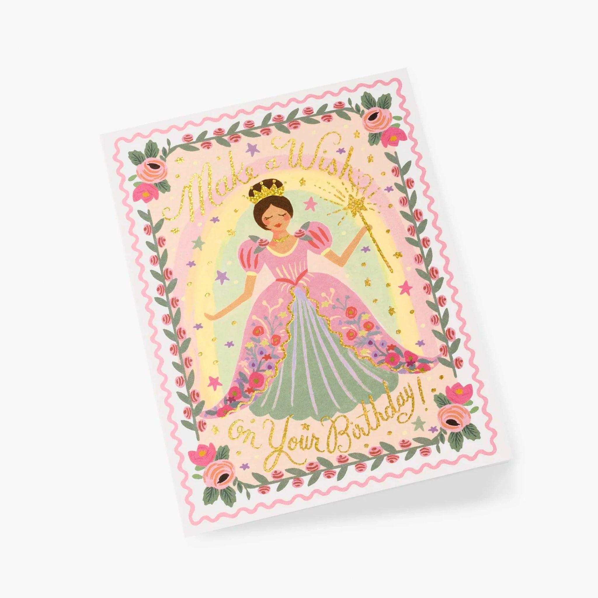 Birthday card with a princess design and floral elements on a white background