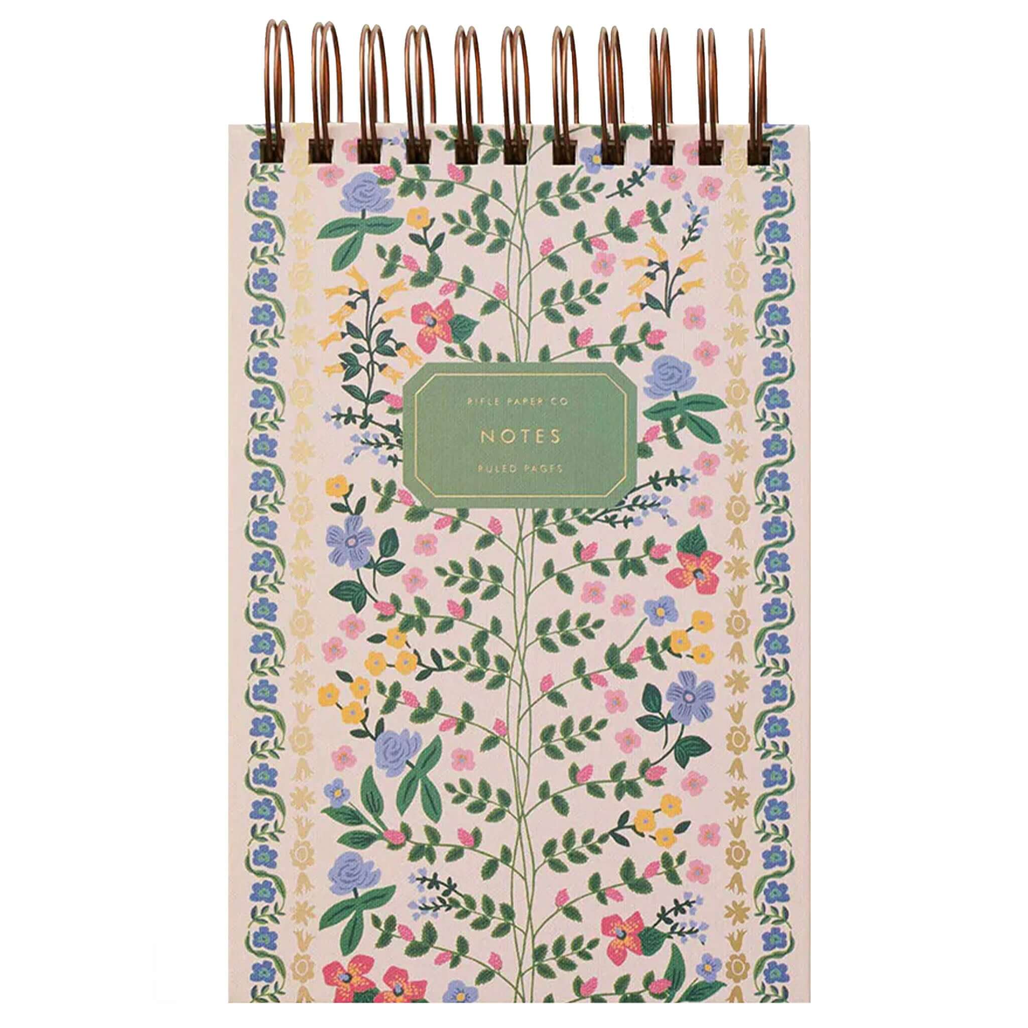 Rifle Paper Desktop Spiral Notepad - Wildwood floral cover with gold foil accents, double-spiral binding, 150 ruled pages