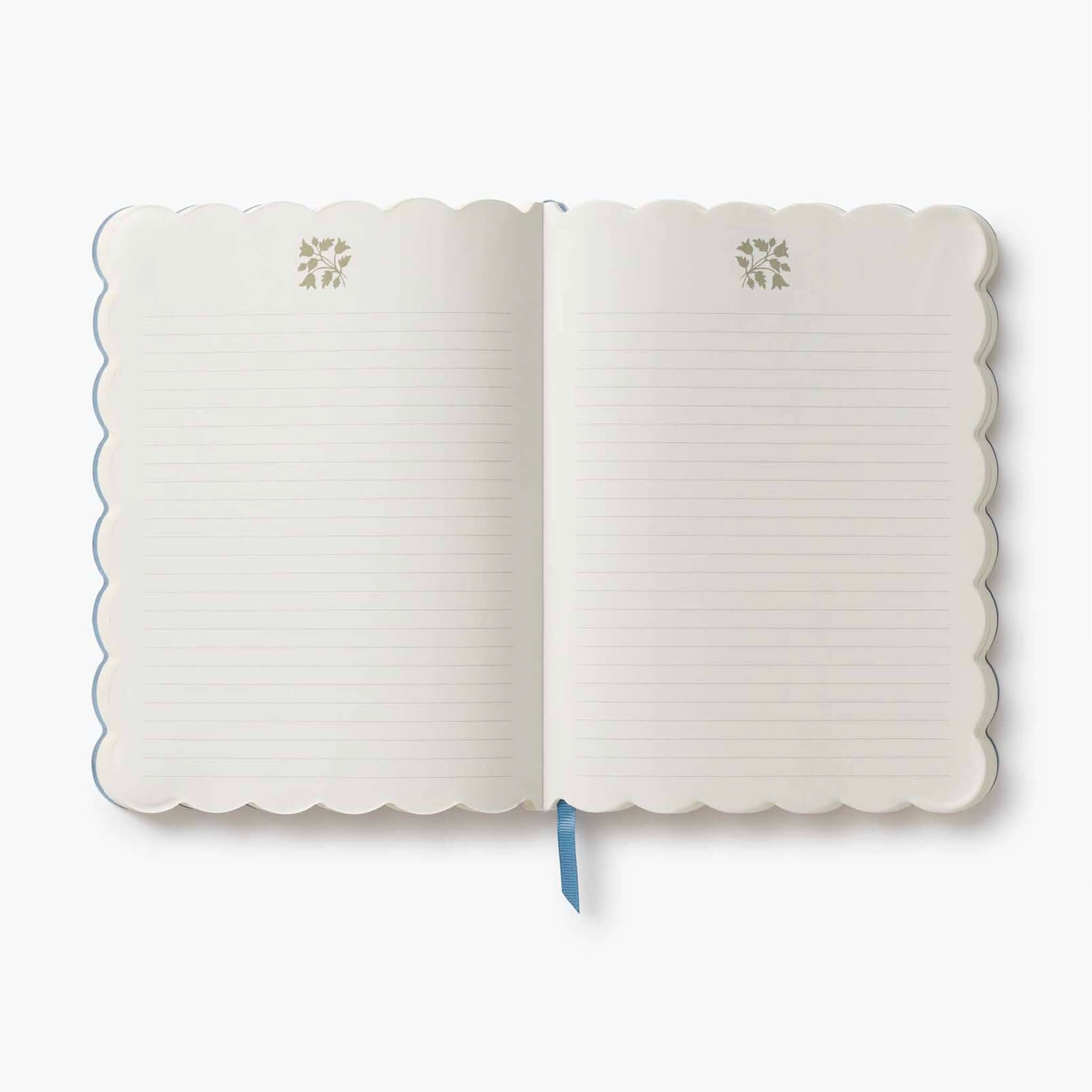 Rifle Paper Softcover Journal - Helena open pages showing lined interior and scallop edge design.