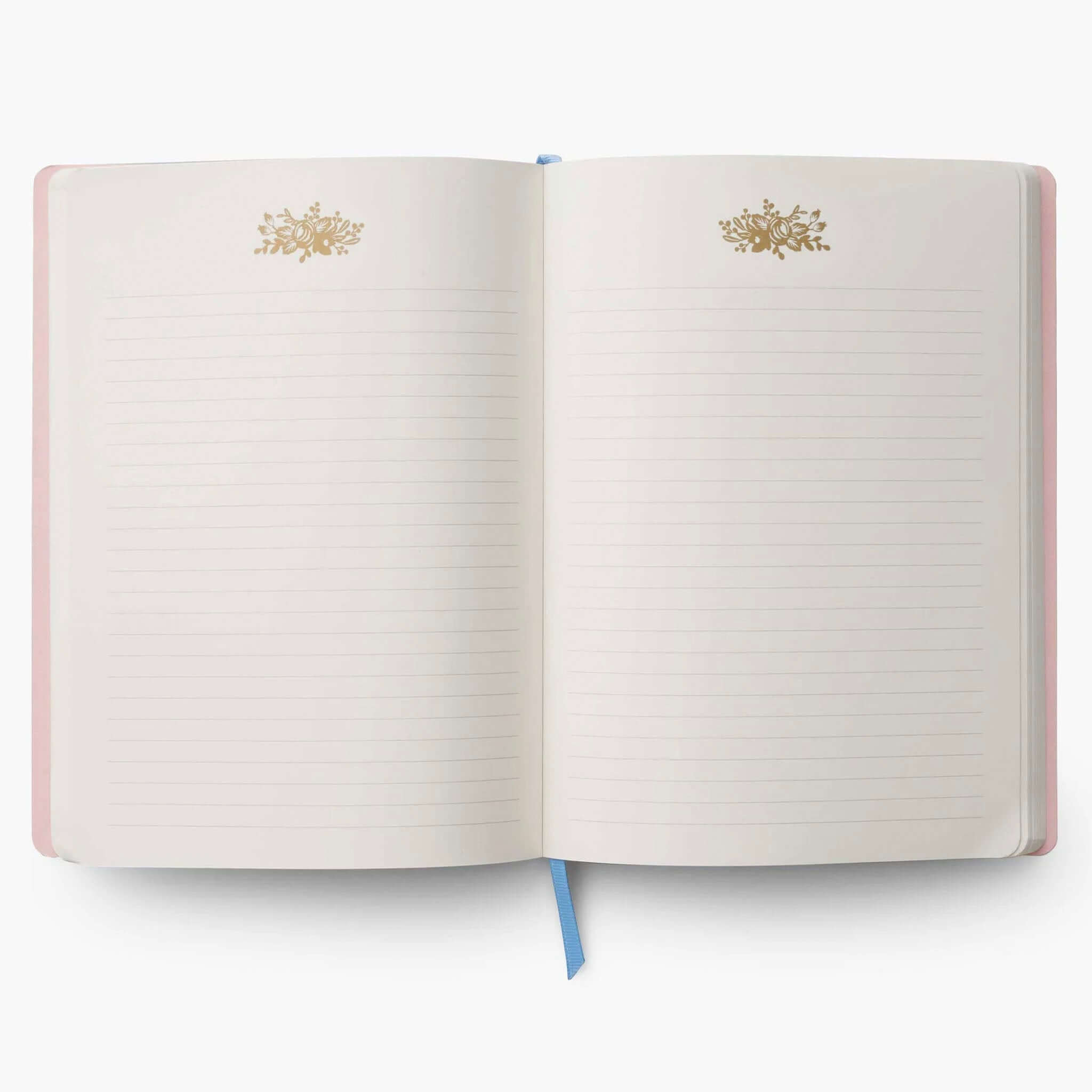 Alt Tag: Rifle Paper Softcover Journal - Rosa open to lined pages with gold foil accents and ribbon bookmark, softcover spiral notebook