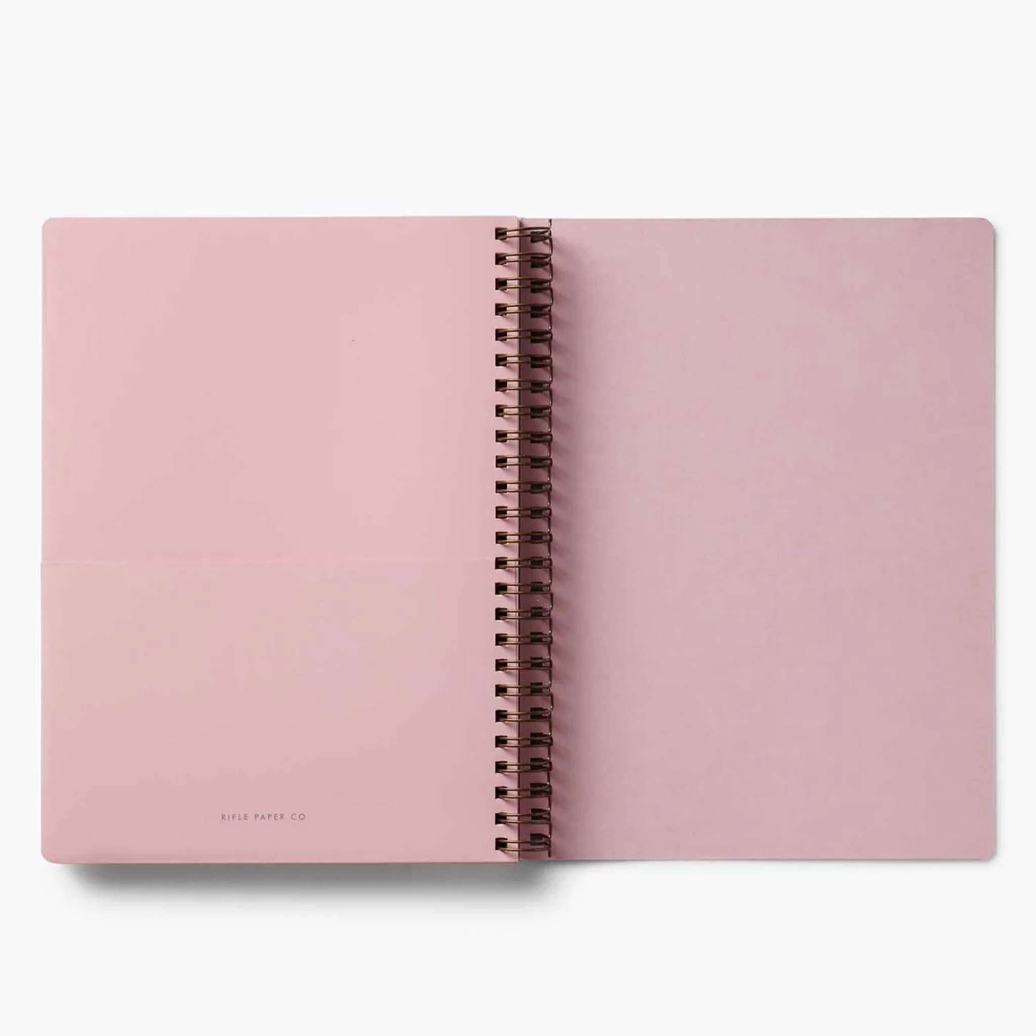 Rifle Paper Spiral Notebook - Garden Party open view showcasing blush pink softcover and double spiral design.